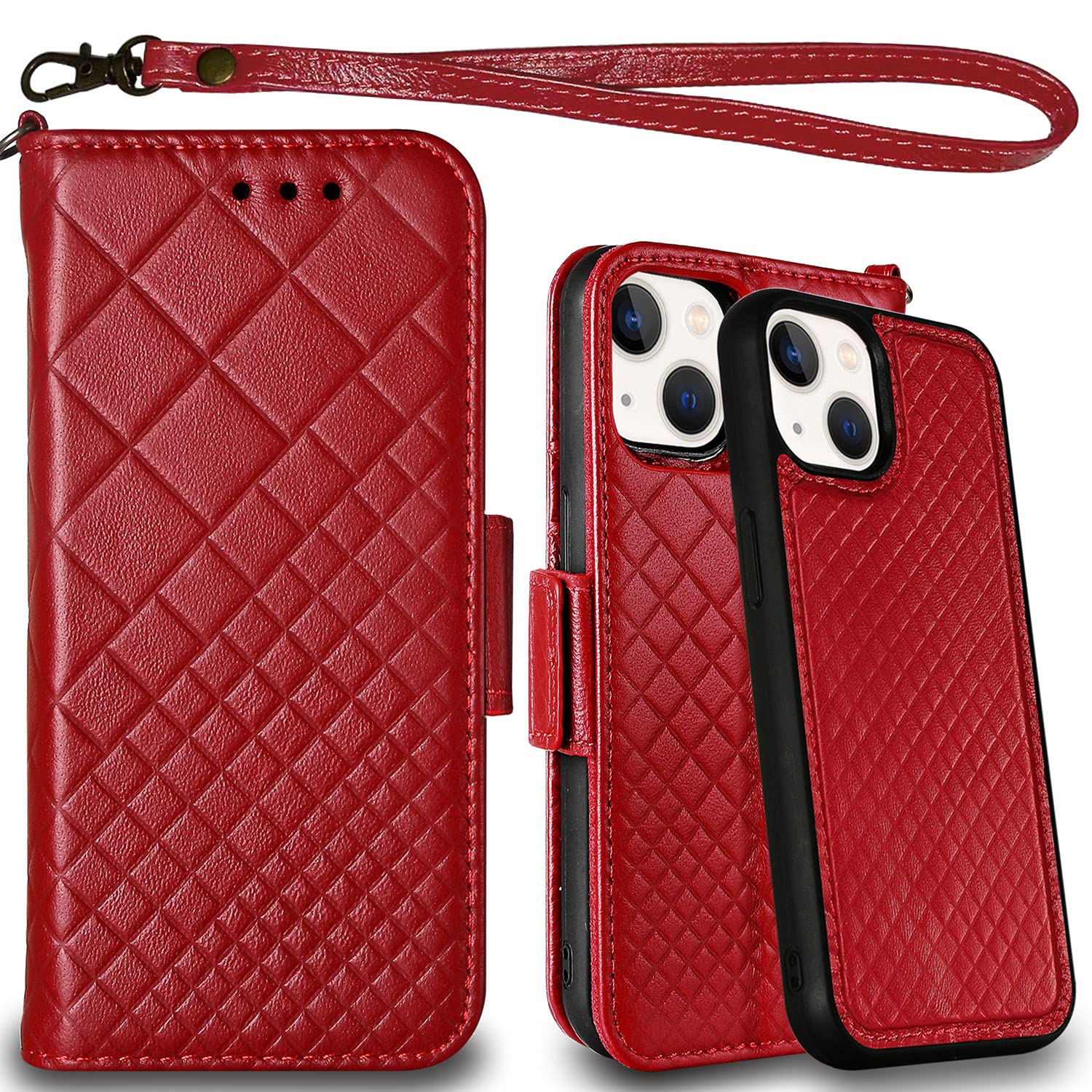 Mefon Genuine Leather Folio Wallet for Apple iPhone 13 Mini 5G, Wireless Charging Compatible, RFID Card Protection, Luxury Flip Phone Case Cover, Magnetic Detachable, Tempered Glass Included (Red)