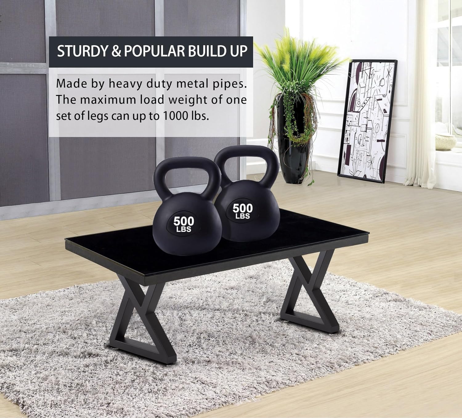 Taelakeni 16 Inch Metal Bench Coffee Table Legs, Set of 2, Black
