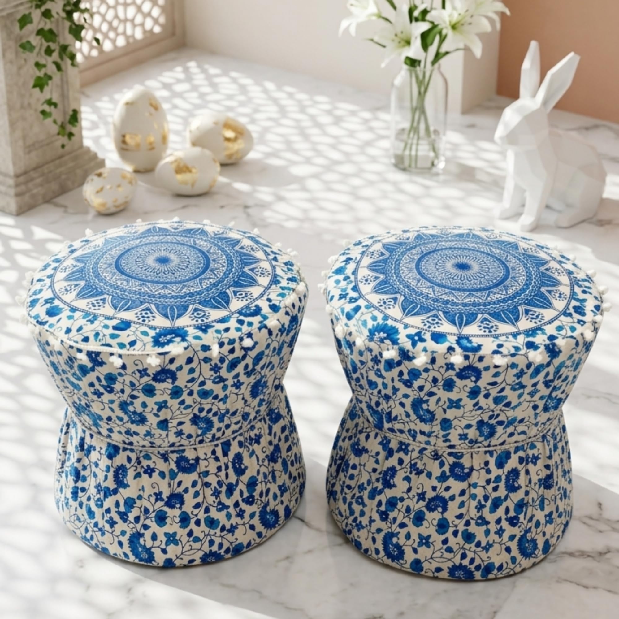 Orange Traditional Folk Mudda Boho Pouffe Ottoman Cover Round Mandala Print Cotton Footstool Set of 2 Pieces Muda Cover ONLY-image-29