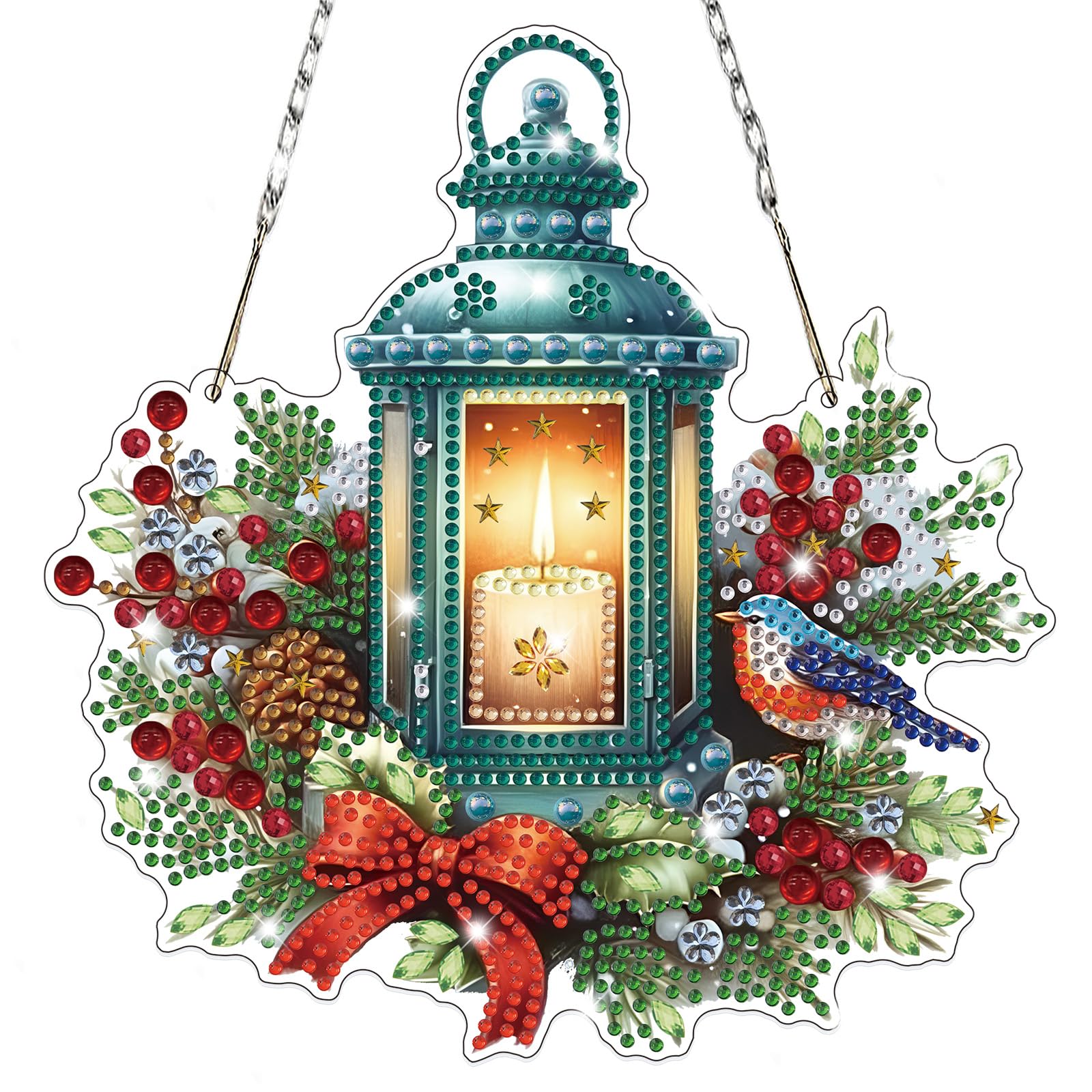 Lxmsja Christmas Wreath Diamond Art Hanging Ornaments for Adults Kids, Special Shaped Diamond Painting Candlelight Kits, Hanging Crystal Gem Art Pendent Kits Suncatchers for Windows Door Wall Decor