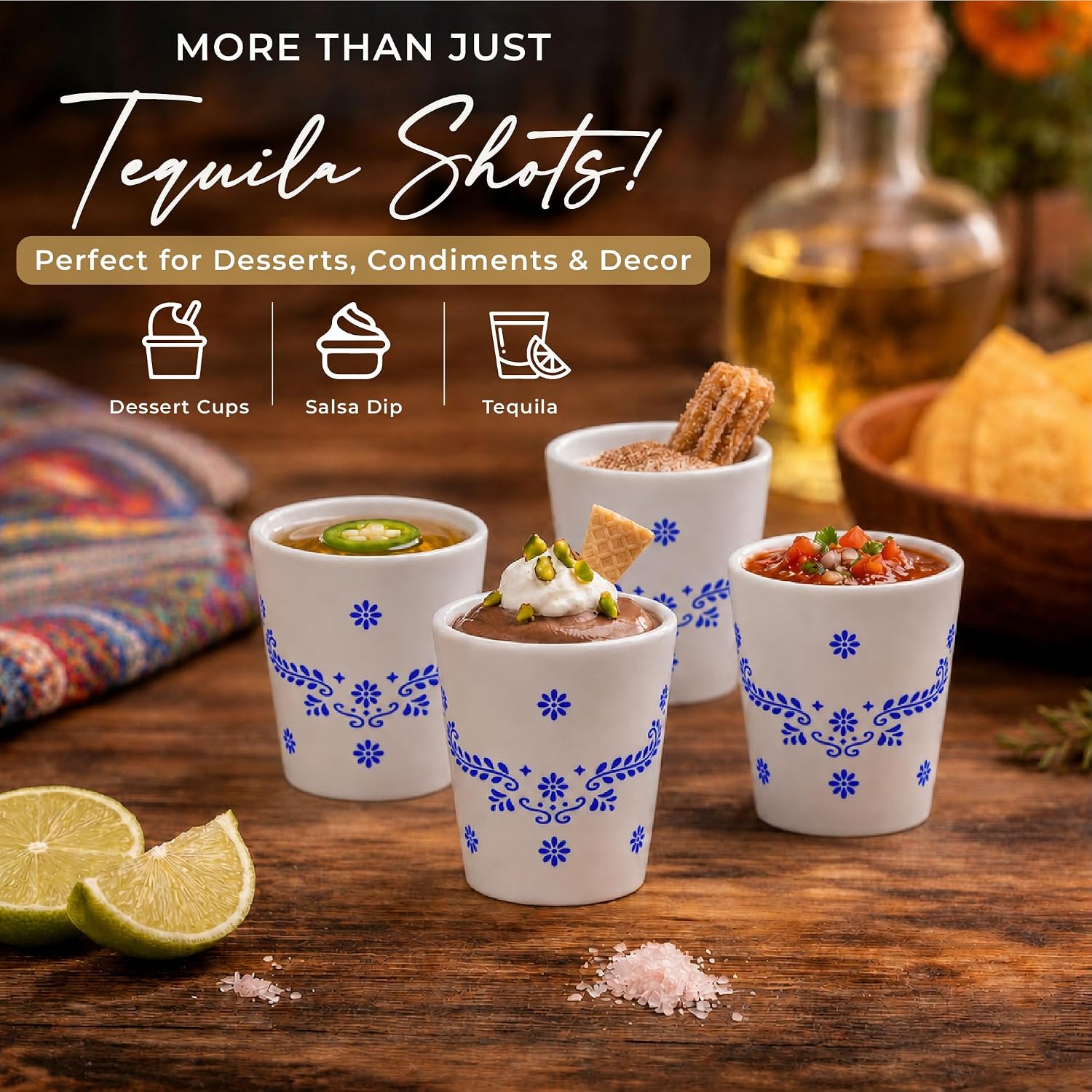 Talavera Style Tequila Shot Glasses Set of 4 – Mexican Ceramic Shot Glasses, Cute Blue Talavera Decor, Unique Glass for Home Bar, Gift for Tequila Lovers - Gift for Dad