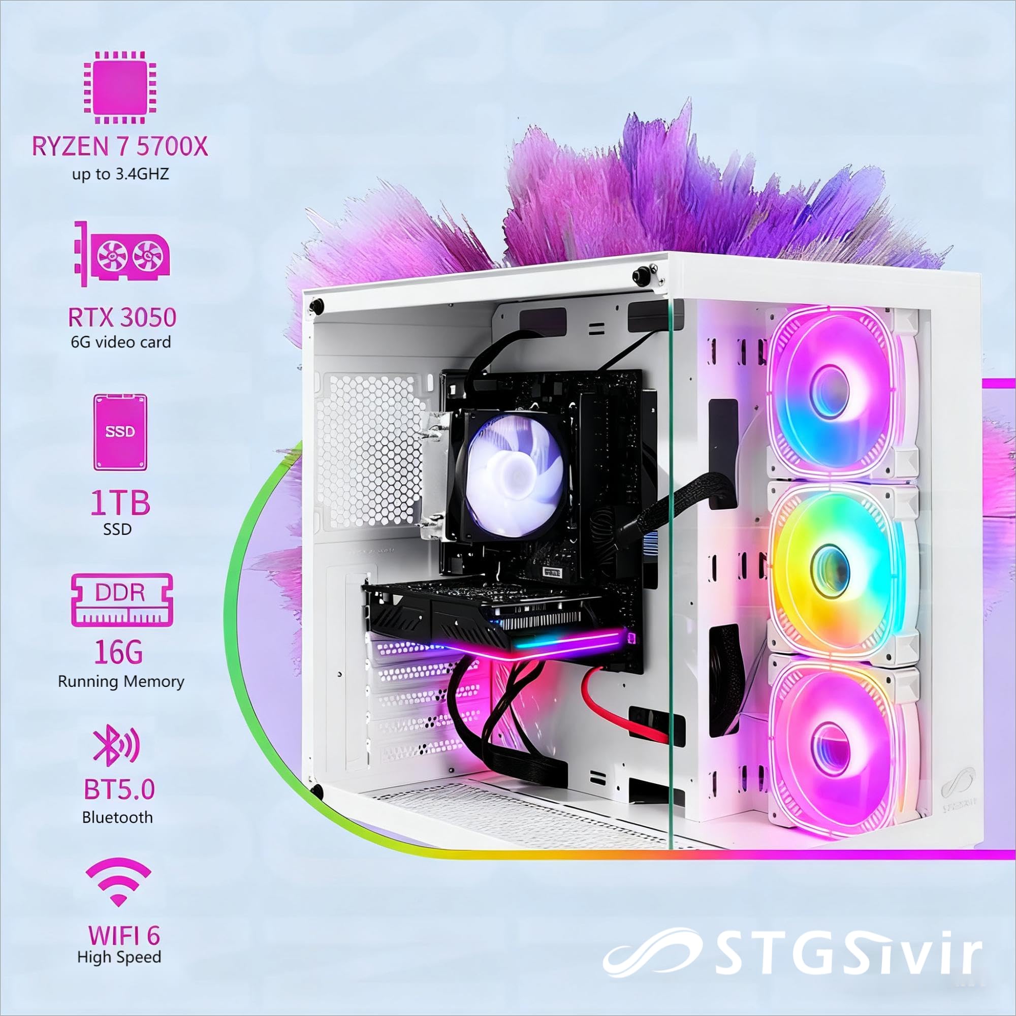 STGSivir PC Gaming Fisso, Computer Gaming, R7 5700X fino a 4.6 GHz • Nvidia RTX 3050 6GB GDDR6 • 16GB DDR4 RAM • 1TB SSD • WiFi 6 • BT • Windows 11 Pro