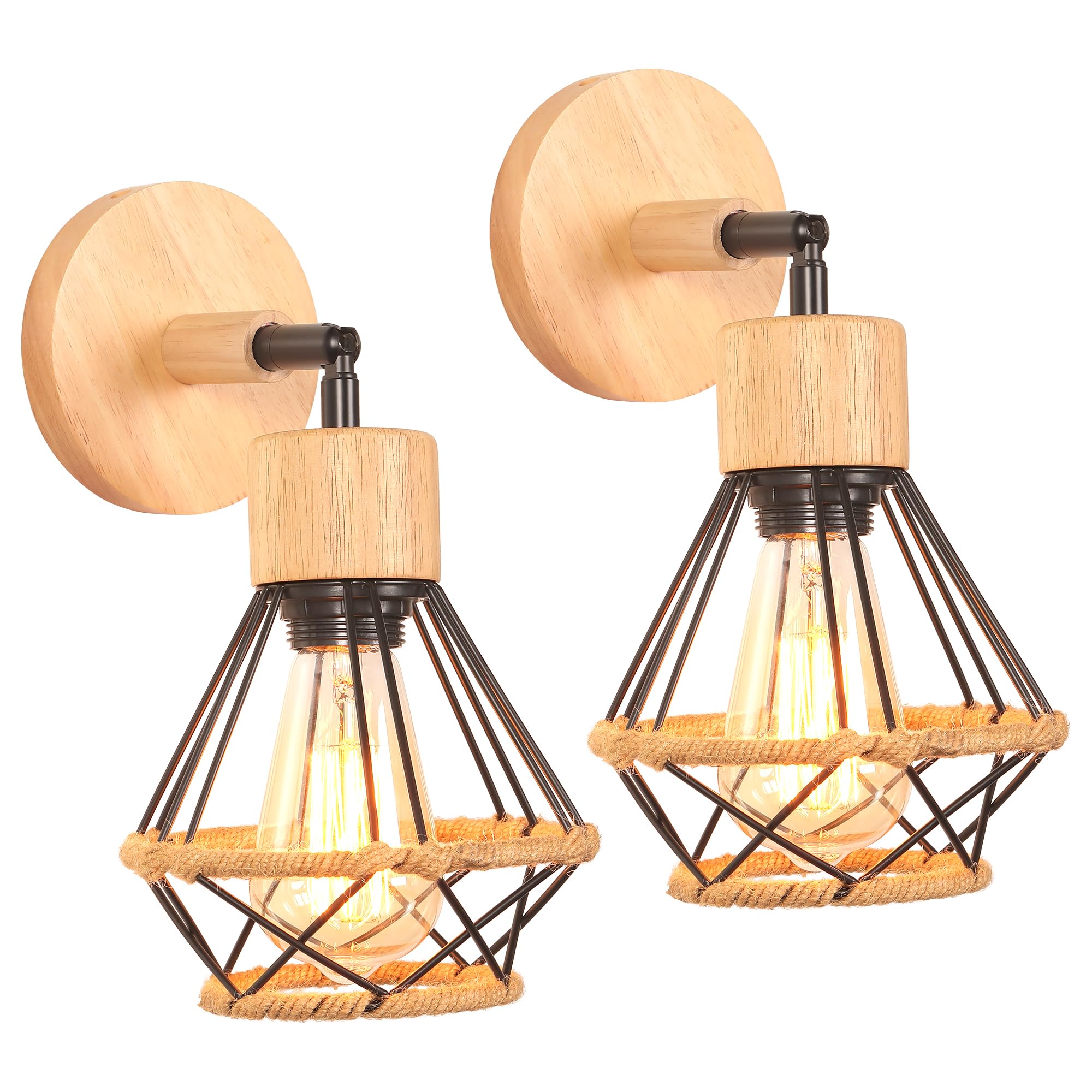 iDEGU Zestaw 2 przemysłowych lamp ściennych, metalowa klatka, drewno, retro, regulowana lampa ścienna, lampa sufitowa w stylu vintage, do sypialni, salonu (czarna z liną konopną)