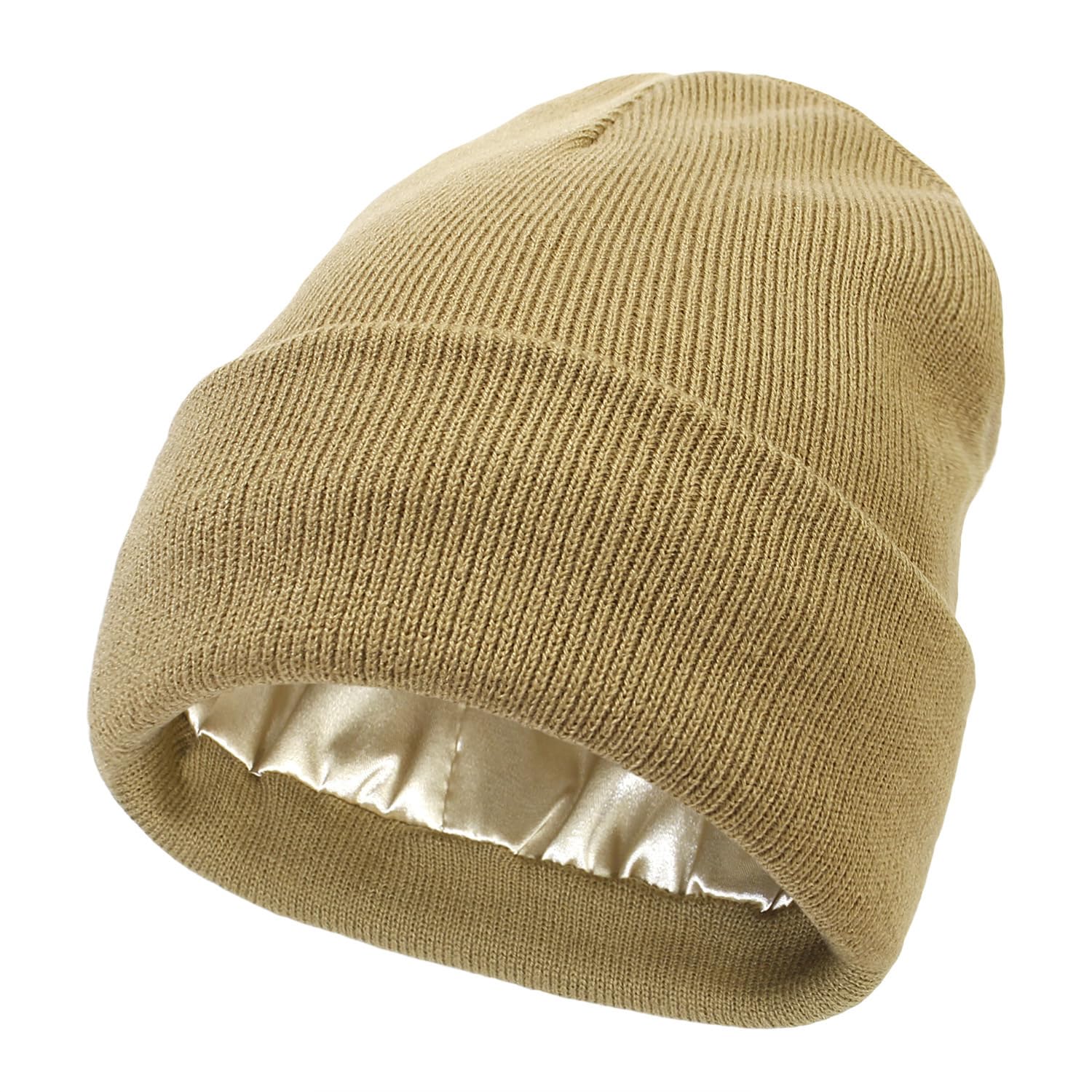 Taphet Women's Khaki No Static No Frizz No Tangle Hat, Satin Lined Hats For Winter Silk Lined Beanie, Knit Solid Slouchy Sleep Hats