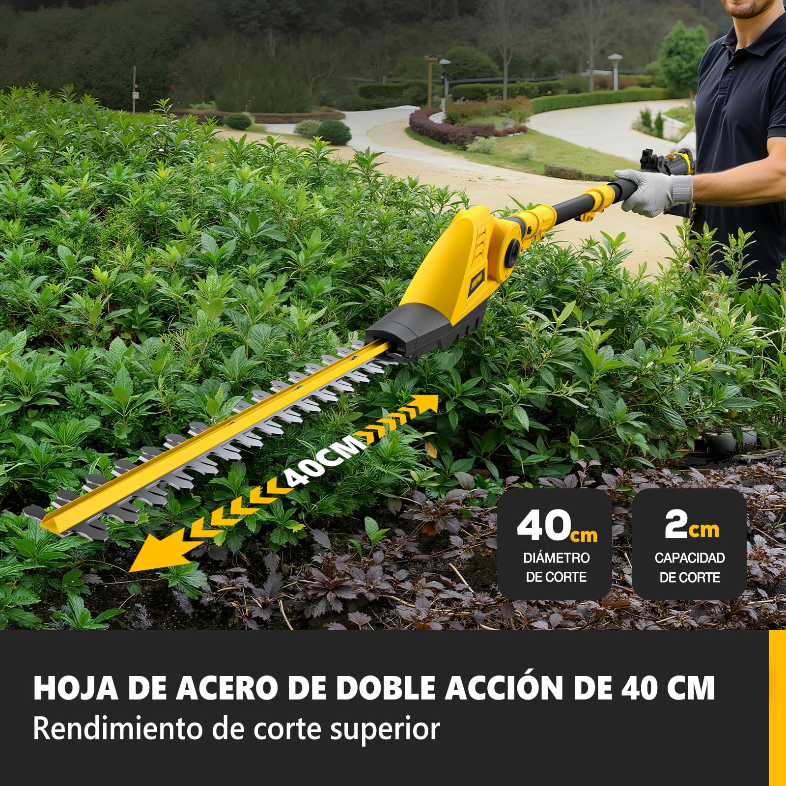 Alloyman 20V MAX Cortasetos y Motosierra Telescópica Inalámbricos 2 en 1, con 2 baterías de 4,0 Ah y Cargador, 2,4 m de Sierra y Cortasetos telescópicos para arbustos y setos