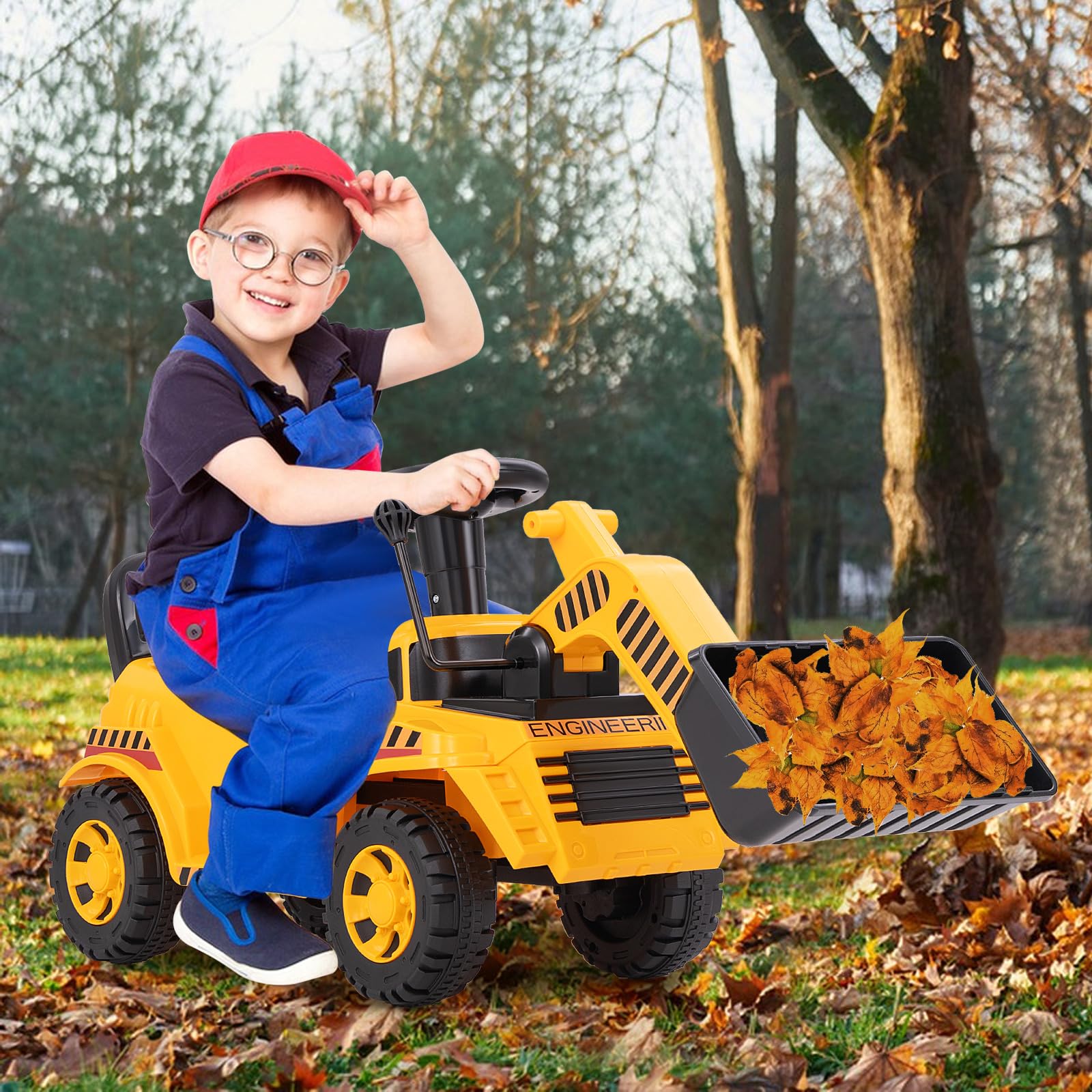DREAMADE Bagger zum draufsitzen, Kinder Sitzbagger mit Flexibler Schaufel & Hupe & Kippschutz, Aufsitzbagger mit Stauraum unter Sitz, Sandbagger Sitzbagger Kinder ab 19 Monaten (Bulldozer)