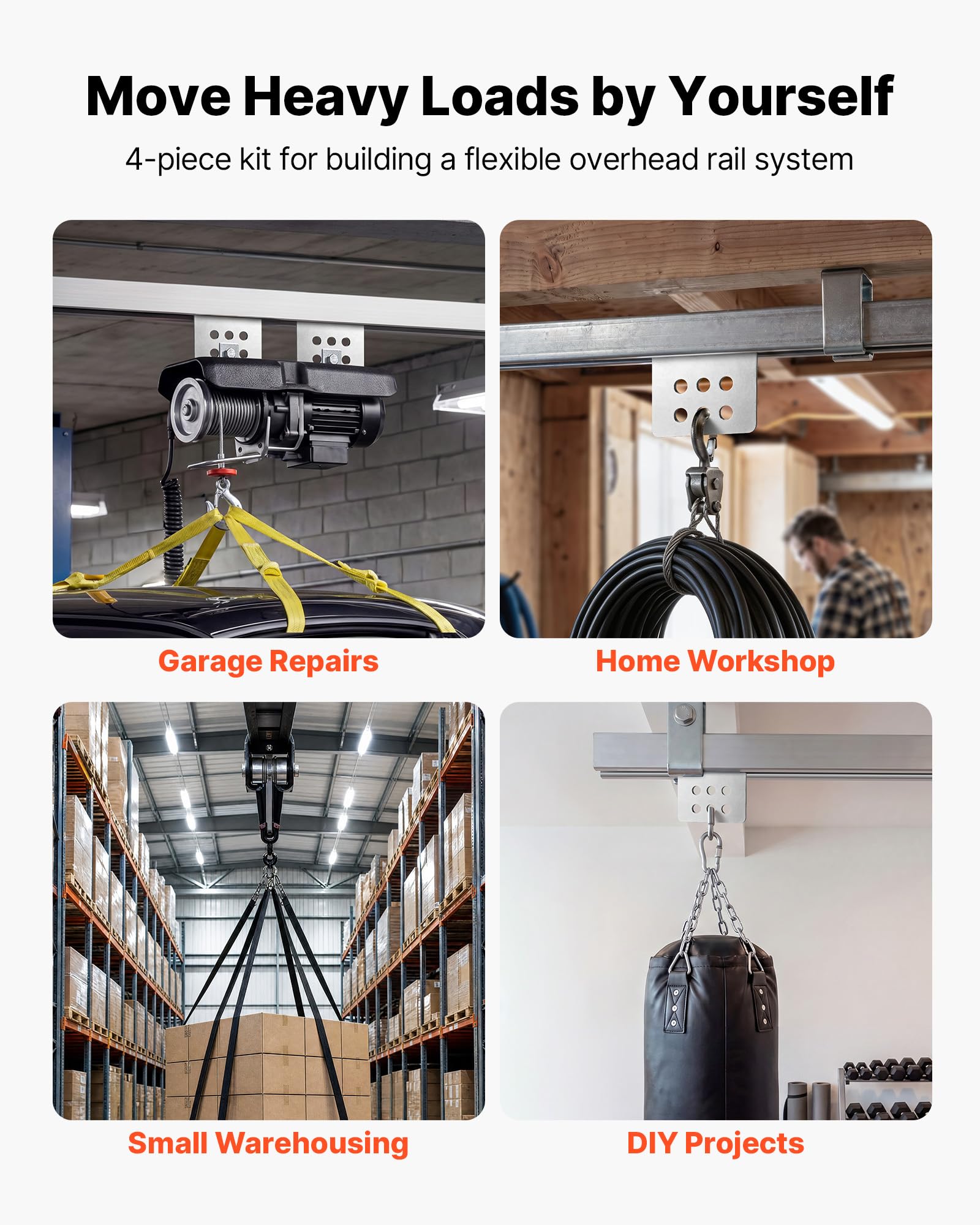 VEVOR Rulli per Trave a C Sistema a 8 Ruote Kit 4 Pezzi Carico Max 1361 kg, Carrello a Rulli per Paranco Elettrico, Ruota con Doppio Cuscinetto, per Profilati 1-5/8'', Uso Industriale Magazzino Garage