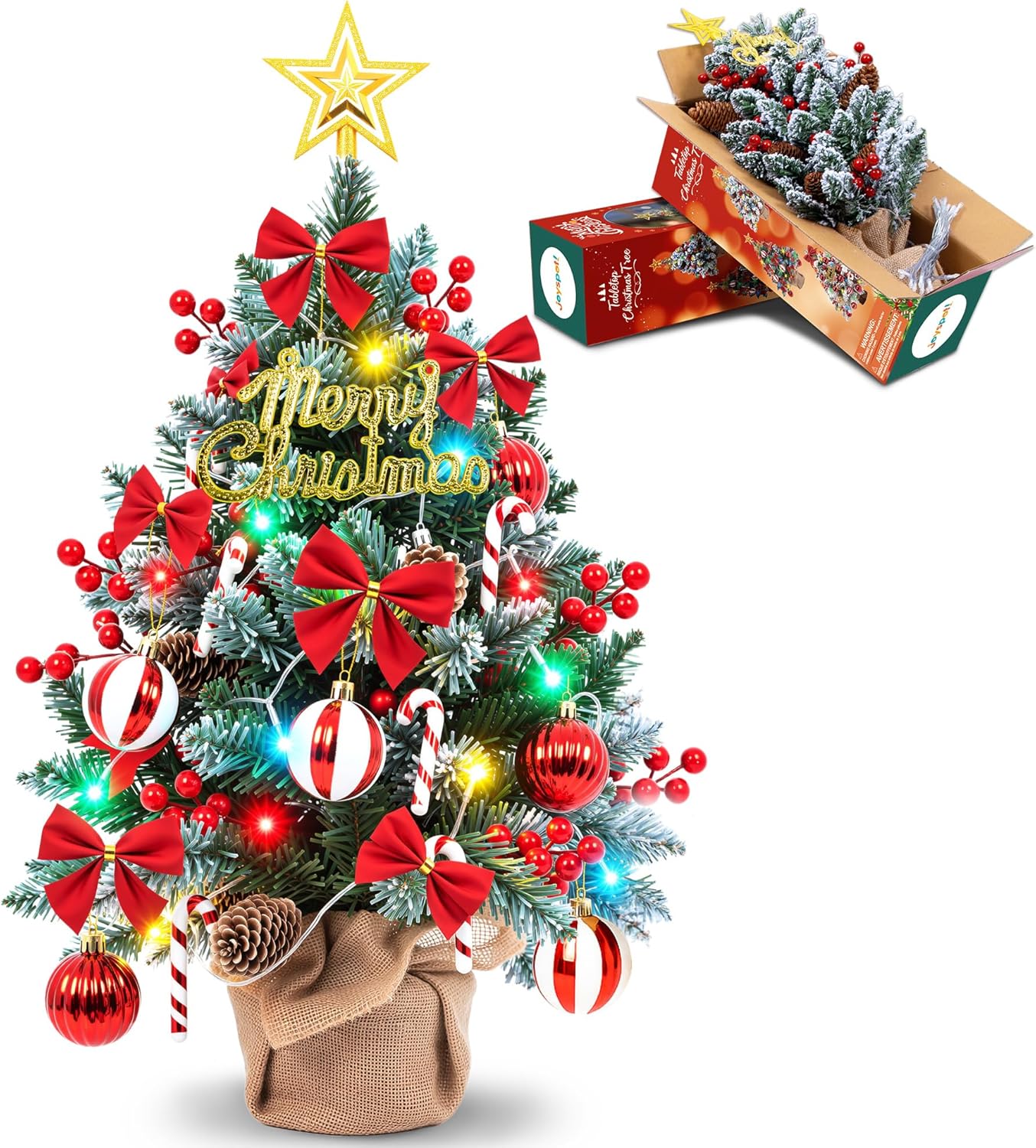 2FT Tabletop Mini Christmas Tree with 4 Color Changing Lights, 24 Inch Small Artificial Pine Tree with Star Topper, Battery Operated Desktop Xmas Tree for Home Office Holiday Decorations Gift London Frost