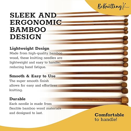 Miniatura 6 de BeKnitting Juego de 9 agujas de tejer rectas de bambú de alta calidad (10") para adultos y niños  Estuche de transporte  Regalo, Día de la Madre