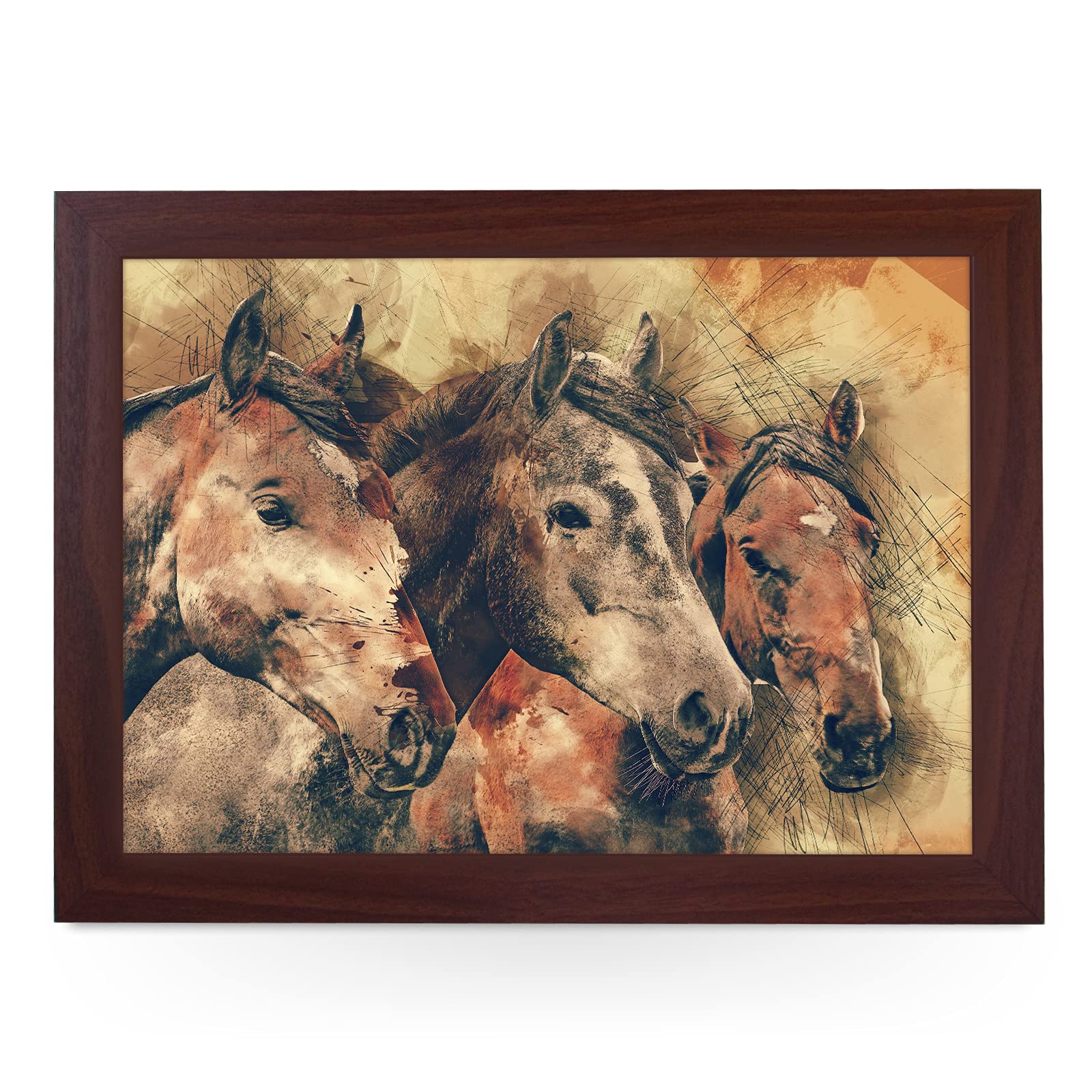 Portable Lap Desk Tray (Water Colour Three Horses) Handmade Wooden Frame, Beanbag Cushioned Bottom | Computers, Laptops, Meals, Food | L834 Brown