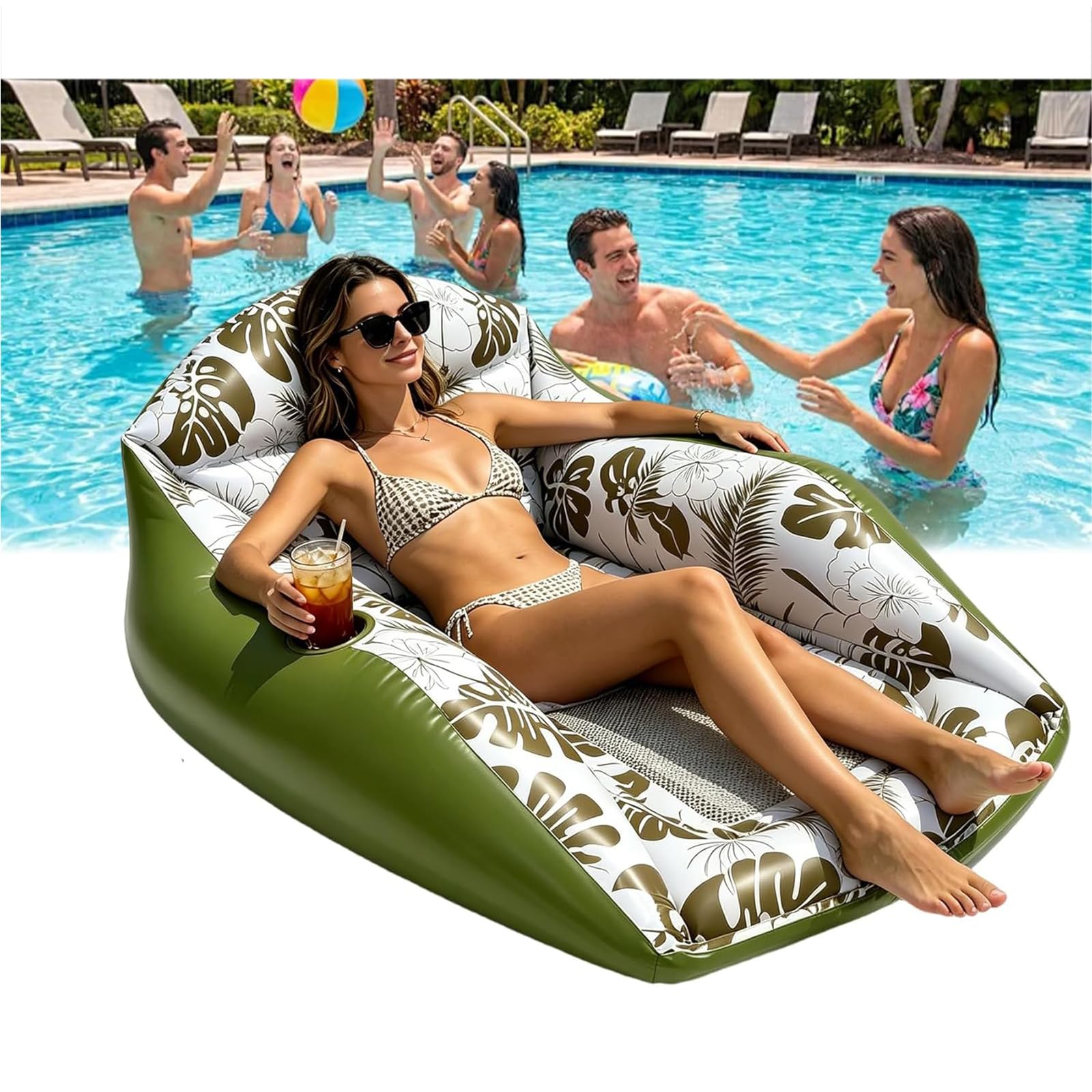 3-in-1 Inflatable Pool Lounge Chair,U-Shaped Water Inflatable Pool Lounge Chairs w/Cup Holder,Adult Water Sofa Float,HeavyDuty Floating CouchPool,TropicalStyle Float Chair,for Parties Summer Vacation