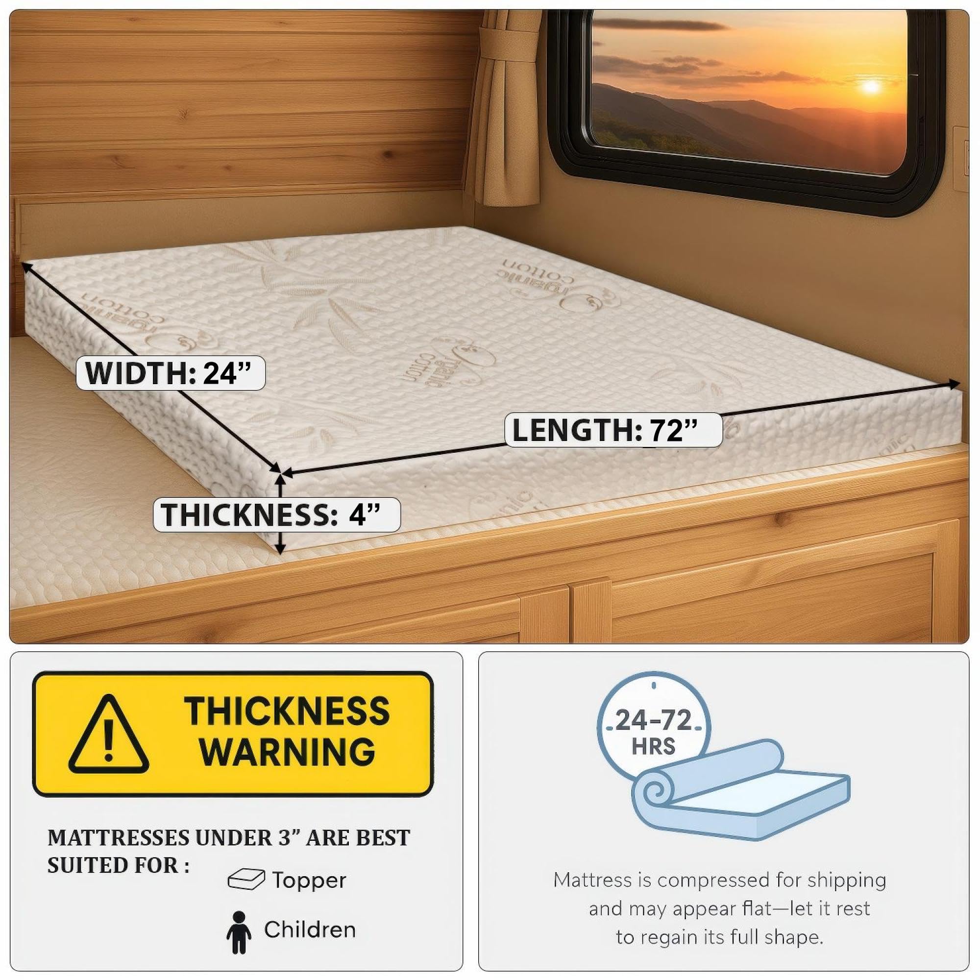 Foamma 10 cm x 61 cm x 183 cm Ciężarówka, Camper, RV Travel Visco Gel Memory Foam Materac piętrowy, pokrowiec z bawełny organicznej, wyprodukowano w USA, wygodna, przyczepa podróżna, certyfikat
