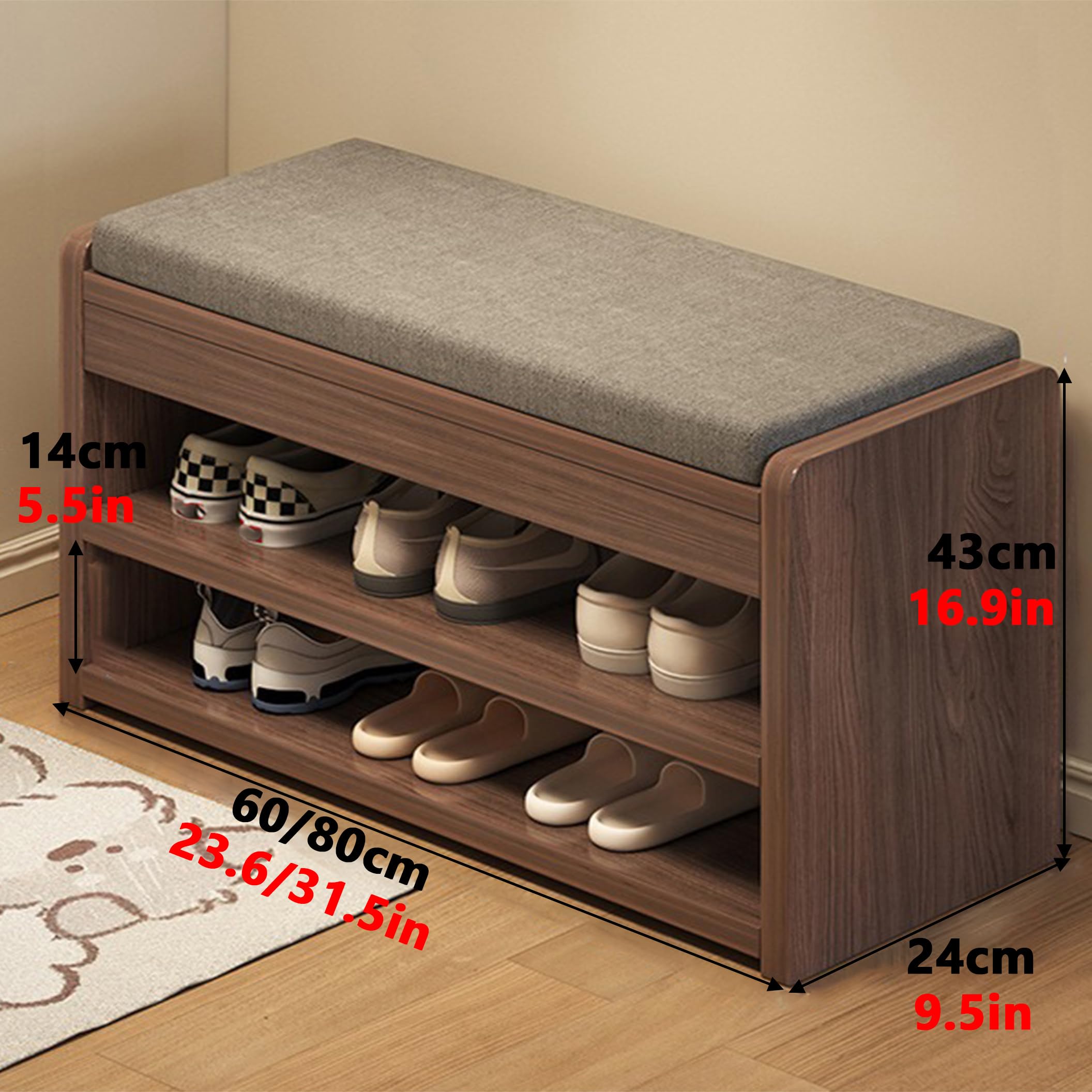 2-StöCkige Eingangsbank Aus Holz Mit Stauraum Mid-Century Modern Schuhbankregal Mit Baumwoll-Leinen-Kissen Platzsparender Aufbewahrungsbank FüR Flur Wohnzimmer,Natural,80 * 24 * 43cm