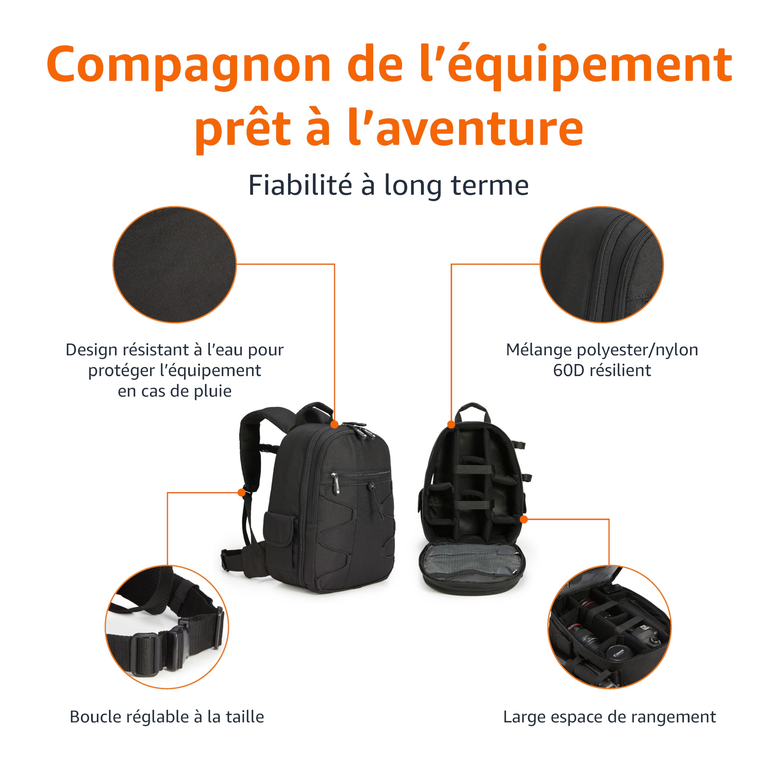 Amazon Basics Sac à Dos pour Appareil Photo Grande Capacité 30 x 15 x 37 cm Noir