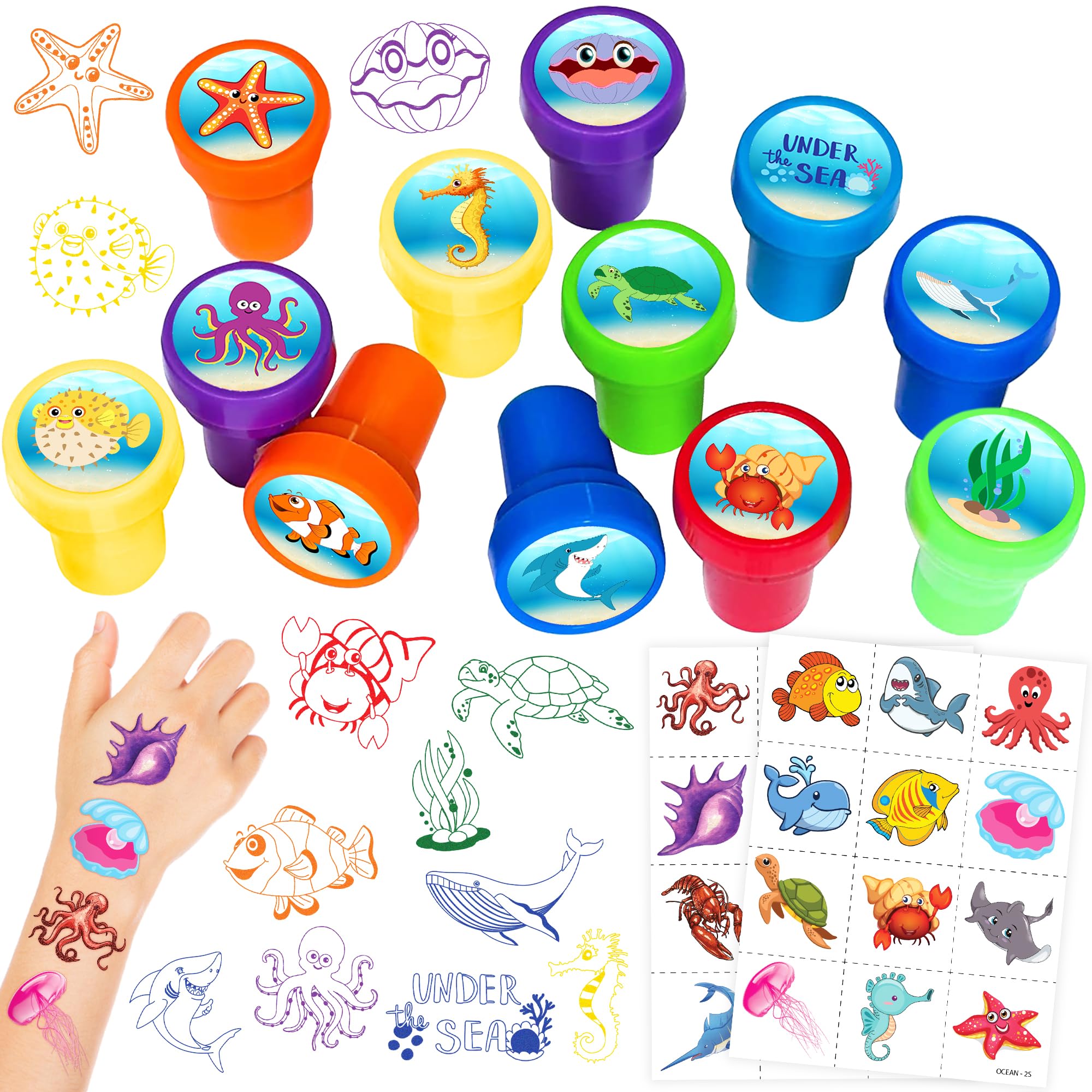 36PCS Ocean Party Favors - 24PCS Pre-Cut Temporary Tattoos & 12PCS Stamps - Ideal Sea Creature Under the Sea Themed Birthday Card Decoration Supplies