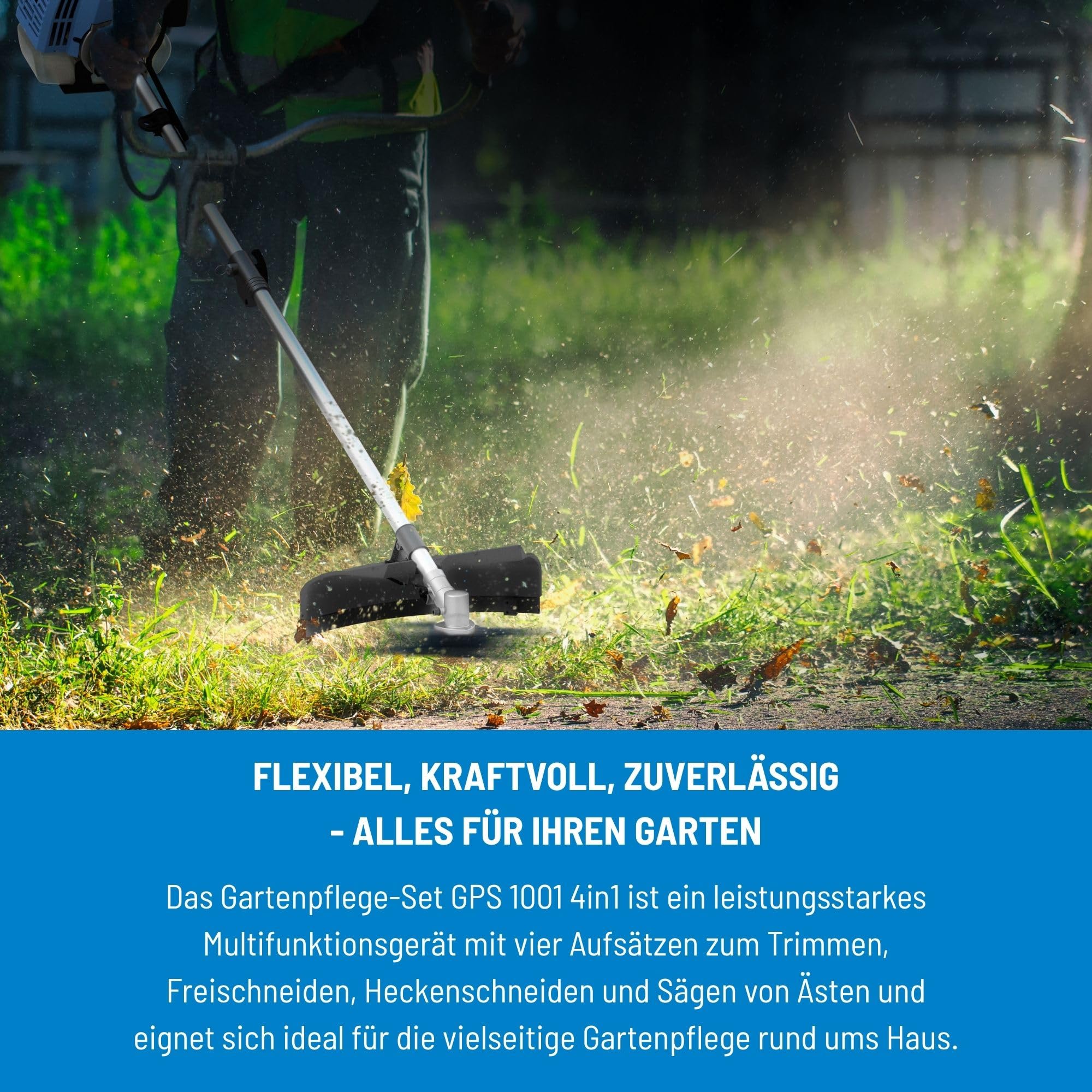 Güde Gartenpflege-Set GPS 1001 4in1 (2-Takt-Motor 1,2/1,6 (kW/PS), Astkettensäge mit Oregon Schwert & Kette/Freischneider/Trimmer/Heckenschere in einem, inkl. Verlängerung, Mischbehälter & Tragegurt)