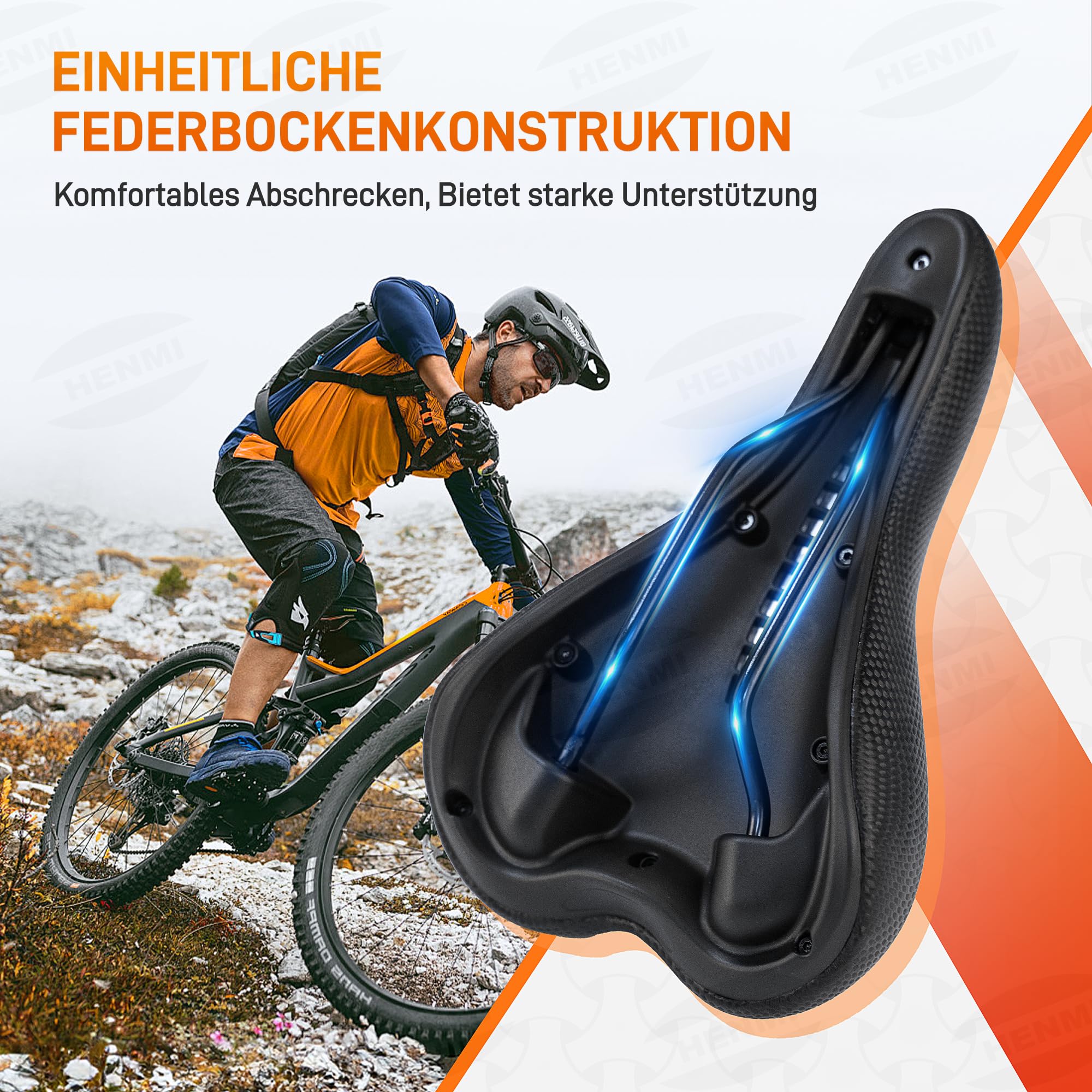 HENMI Selle de vélo pour homme et femme - Douce, confortable, respirante - Absorbe les chocs - Ergonomique - Pour VTT, trekking, vélo électrique