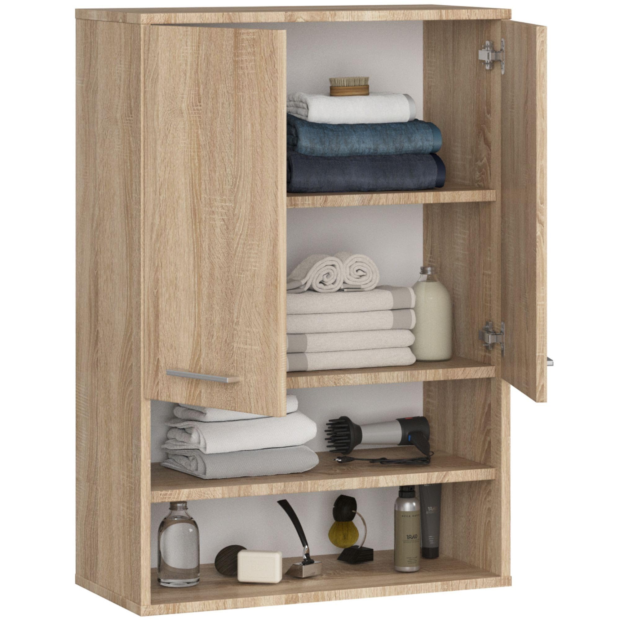 AKORD Meuble Salle de Bain Suspendu Fin 64 cm - 2 Portes, 2 Étagères 2 Compartiments Ouverts - Meuble Haut WC Meubles Suspendus - Armoire Murale Moderne 64x94x30 cm - Chêne de Sonoma