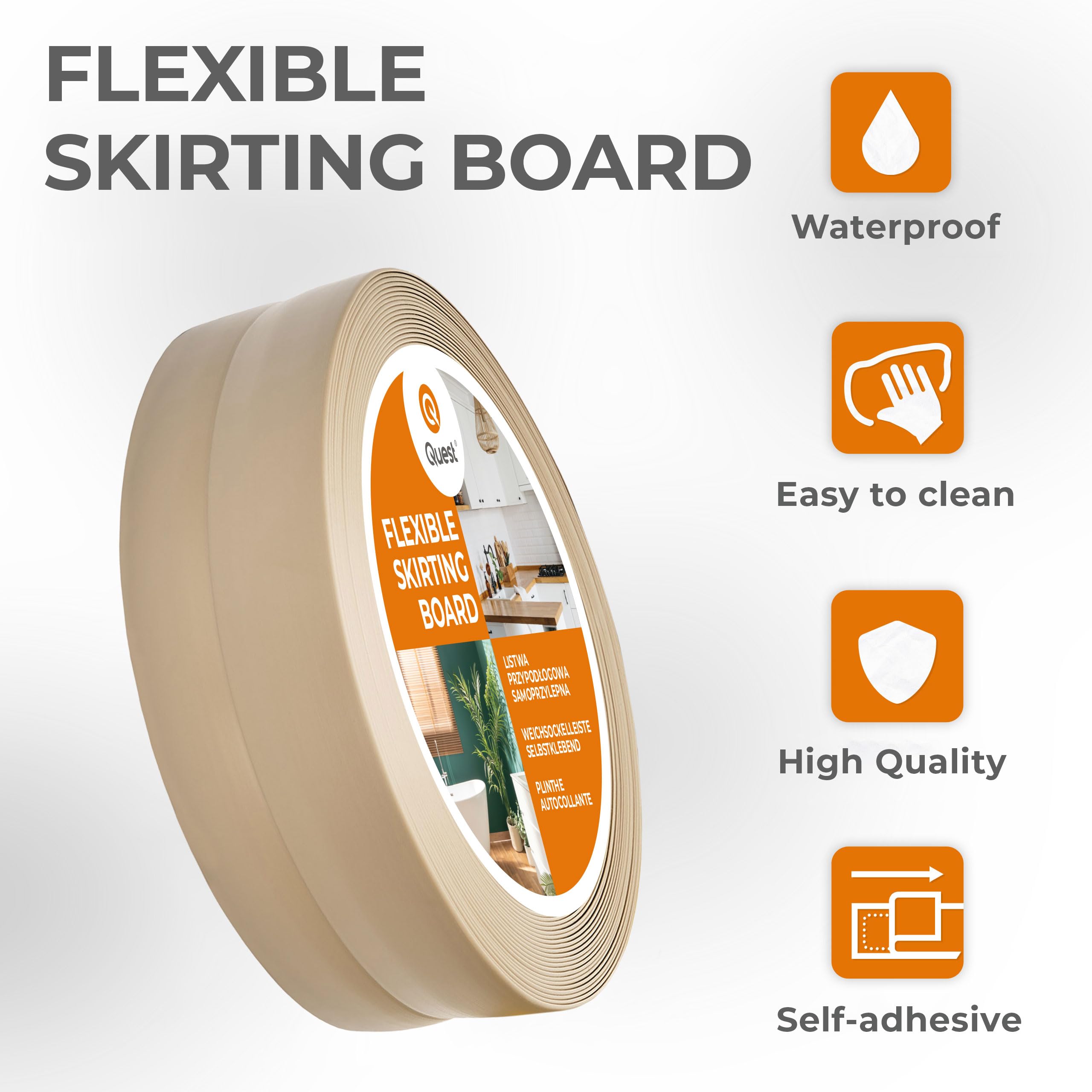 Quest Battiscopa Morbido Adesivo - 30 mm x 30 mm - Finitura Flessibile, Listello in PVC, Profilo Angolare per Cucina, Bagno, Parete, Pavimento - Decorativo, Resistente ai raggi UV (Beige, 25m)