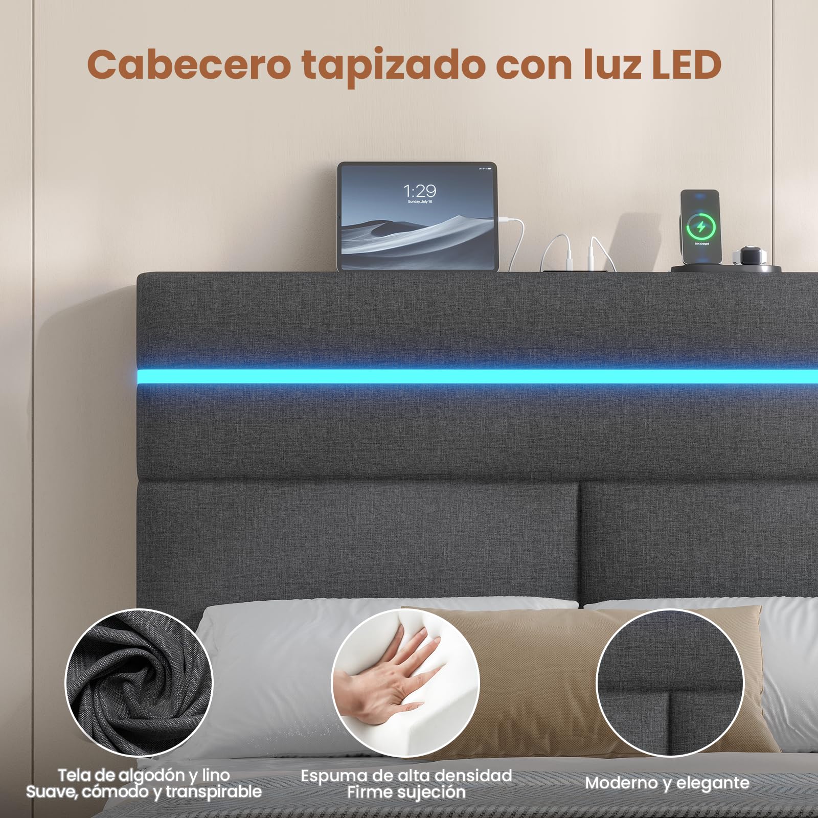 AOGLLATI Cama Matrimonio 140x190 con Almacenamiento Hidráulico, Cama Tapizada con LED y Estación de Carga, Estructura Cama con Cabecero Tapizado, Cama Doble con Canapé de Gran Capacidad, Gris Oscuro
