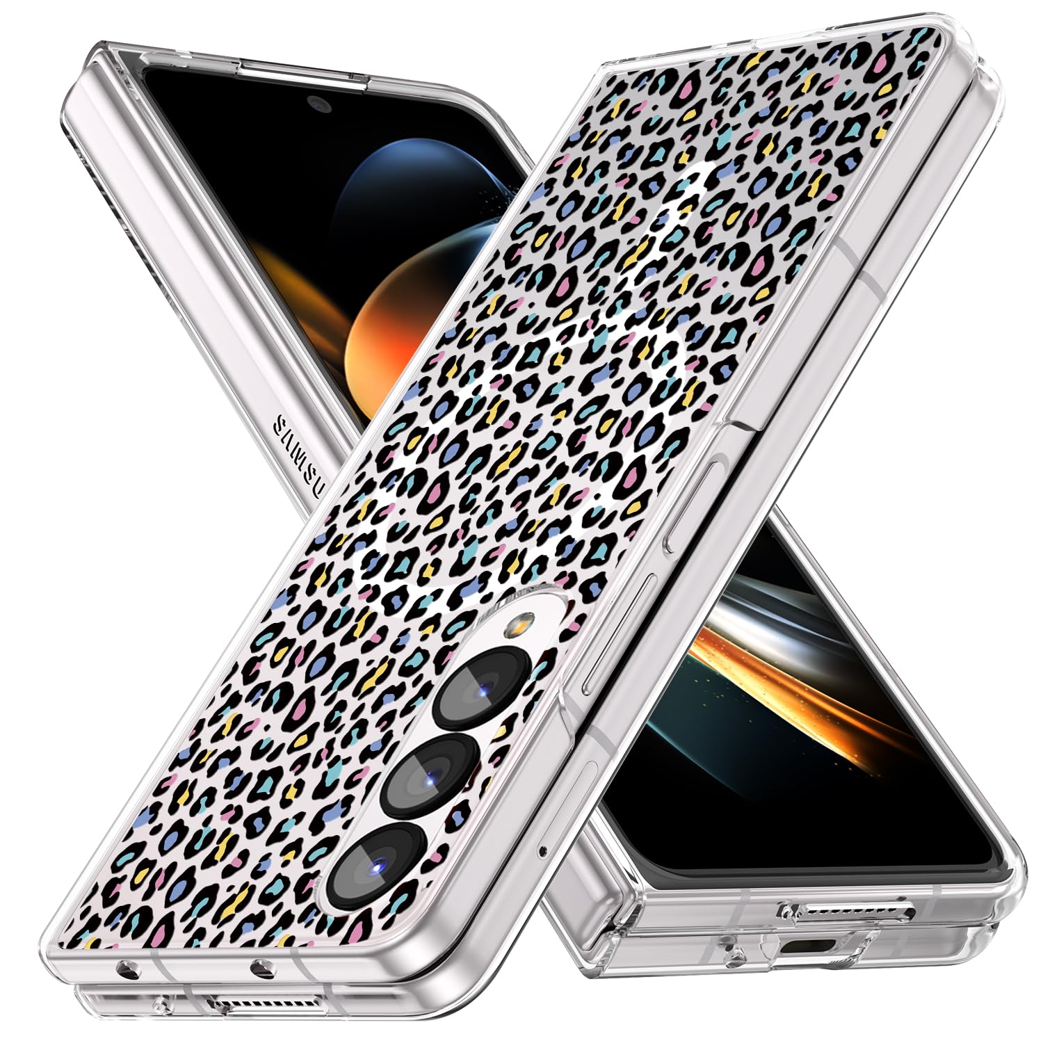 JUMIUSTNB Magnetic Case for Galaxy Z Fold 4, Clear with Flowers, Slim Anti-Yellow Hard PC Protective Soft TPU Bumper Shockproof Cute Case for Samsung