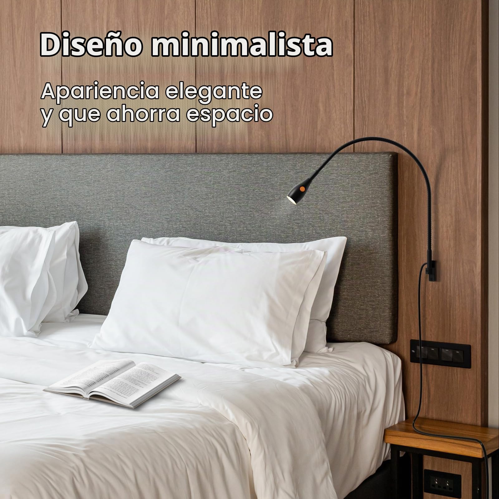 acegoo Lámpara de Lectura Pared de LED Flexible, Regulable 3000K/Ámbar, con Interruptor Cama Luz Lectura, Cabezal de Lámpara Giratorio Negro (1 pack)