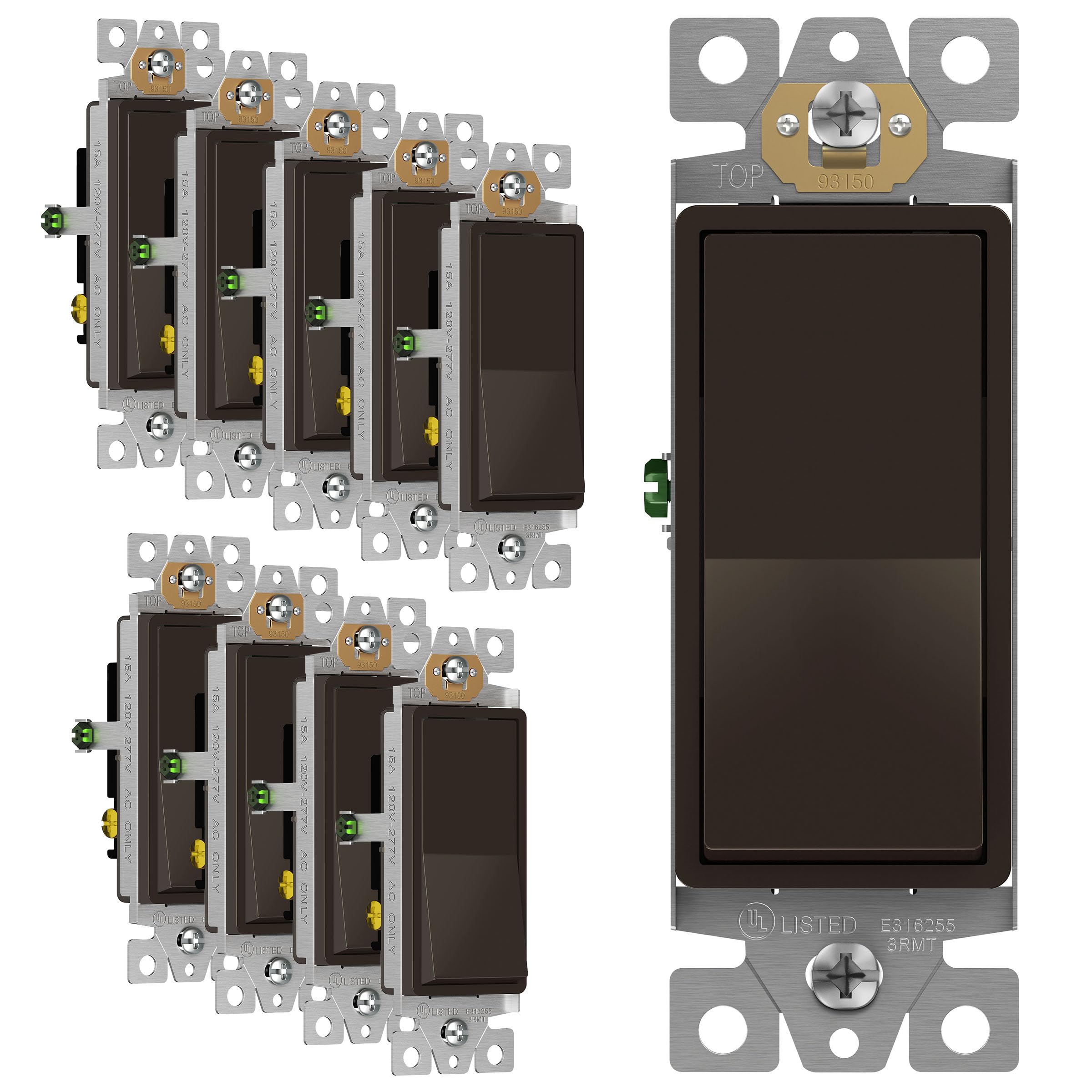 ENERLITES Decorator Paddle Light Switch, Gloss Finish, Single Pole or Three Way, 3 Wire, Grounding Screw, Residential Grade, 15A 120V/277V, UL Listed, 93150-BR-10PCS, Brown (10 Pack), 10 Count
