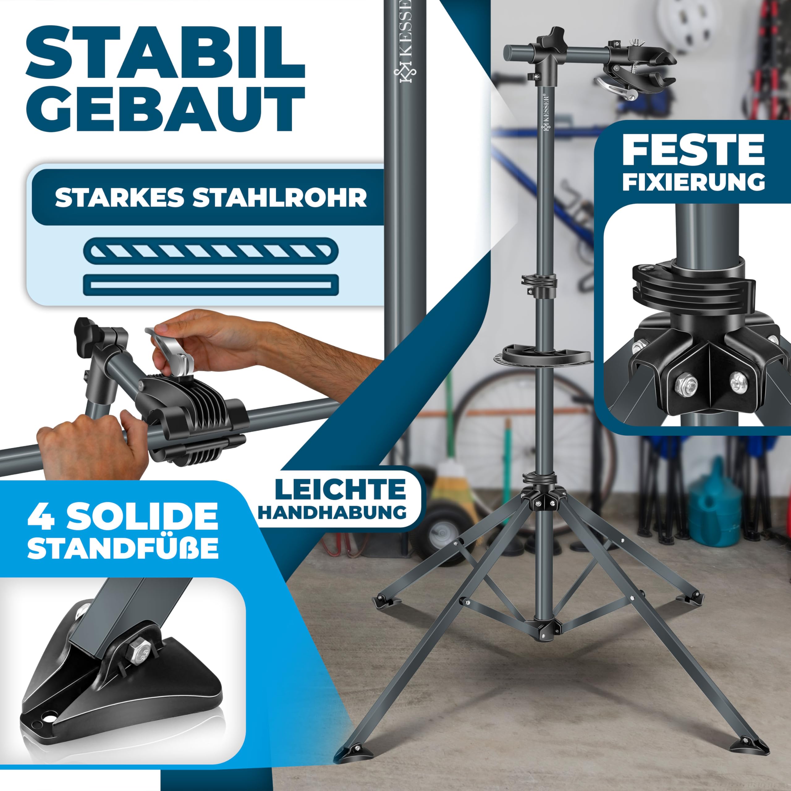 KESSER® Fahrradmontageständer Profi 50kg - 360° drehbar für E-Bike, Mountainbike & Fahrrad, höhenverstellbarer Reparaturständer, mit Werkzeugablage, Tragetasche & Schnellspanner