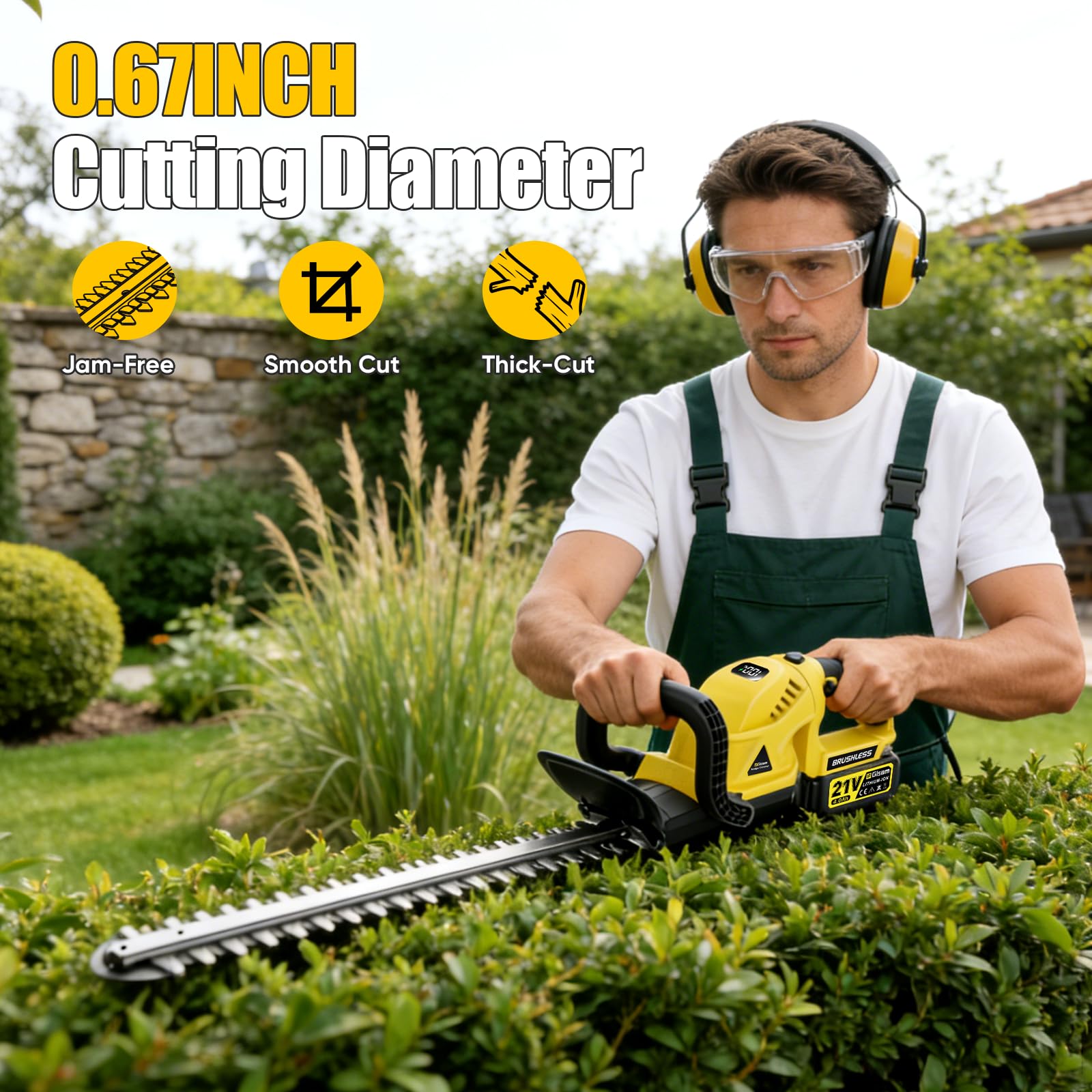 Cortasetos, batería de 52 cm de longitud de cuchilla, mango ergonómico, protección contra golpes, cortador de setos con batería de 2 x 4000 mAh para cortar arbustos, cuidado del jardín, sin cable