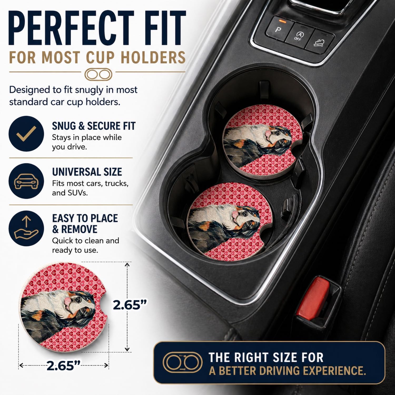 Caroline's Treasures LH9154CARC Bernese Mountain Dog Hearts Love and Valentine's Day Portrait Set of 2 Cup Holder Car Coasters Absorbent Sandstone Coasters for Car Cup Holders Gifts for Men or Women, image 2