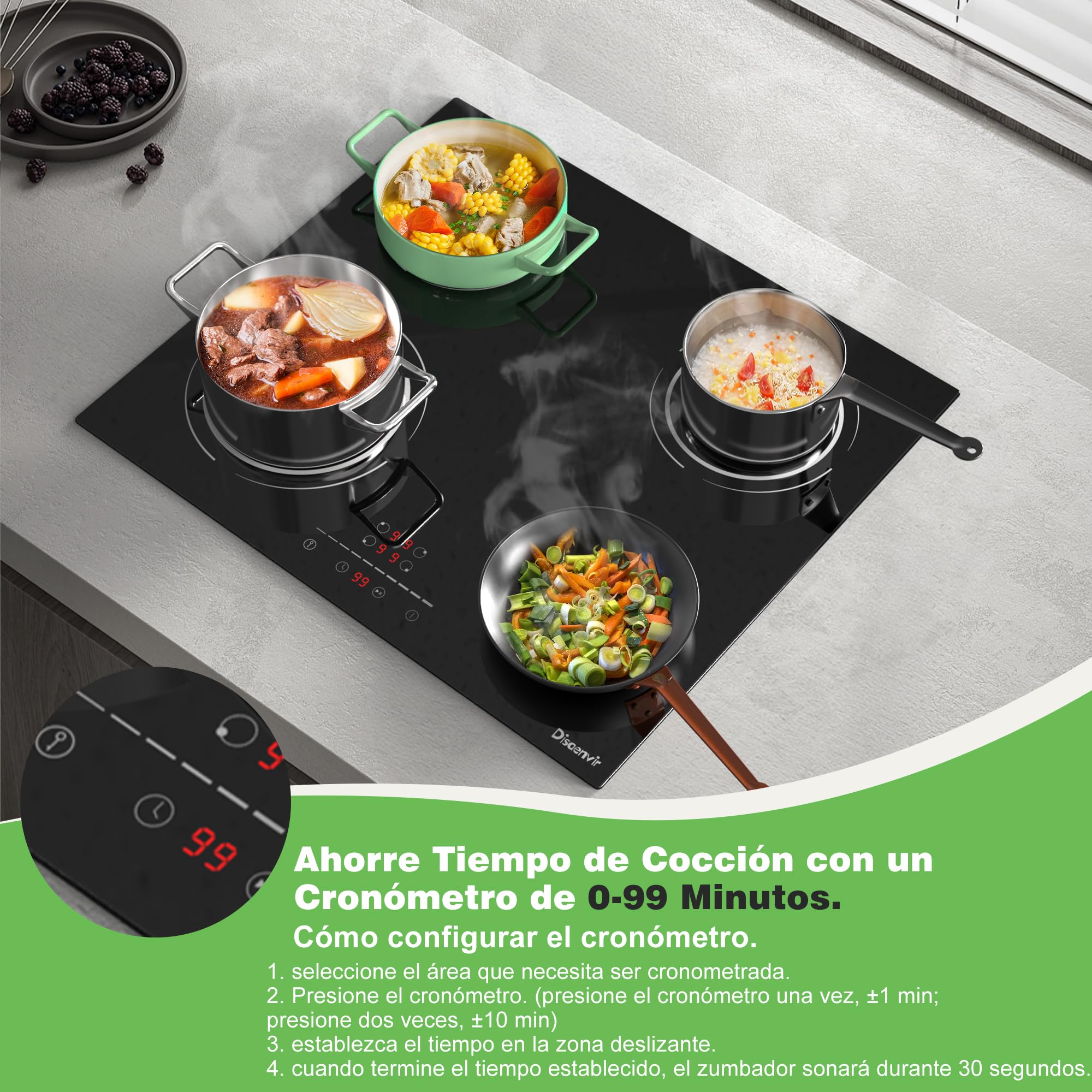 Placa Induccion 4 Fuegos 6400W, Placa de Inducción Integrada 4 Placas, Vitroceramica Induccion 56×49cm, Función de Pausa, 9 Nivels, Control táctil, con Temporizador, Cerradura Infantil | Booster, temporizador, protección para niños, función de pausa, 9 ni