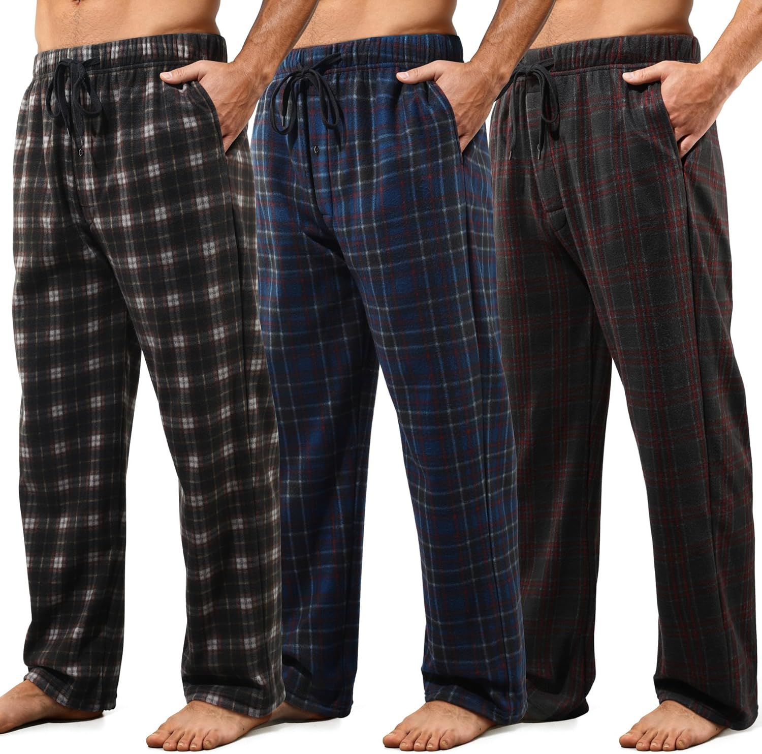 3 Pack Mens Pajama Pants Microfleece Plaid Pajama Bottoms Sleepwear PJ Sleep & Lounge Pants with Pockets & Drawstring