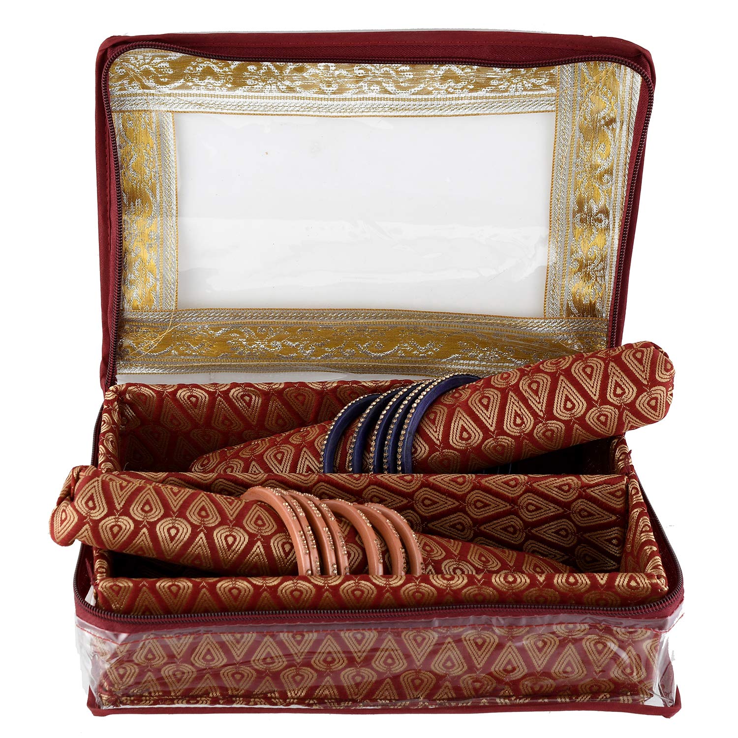 Kuber Industries Exclusive Polka Dots Design Brocade Hardboard Two Rod Bangle Box (Maroon) -CTLTC38813