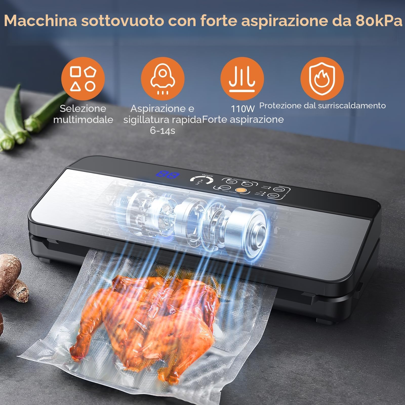 Macchina Sottovuoto Alimenti 8-IN-1, Professionale 80KPA Vuoto Veloce, Stoccaggio Rotoli con Taglierina, Tubo a Vuoto, Conto alla Rovescia Digitale, 2 Sacchetti in Rotolo e 11 Sacchetti Sottovuoto