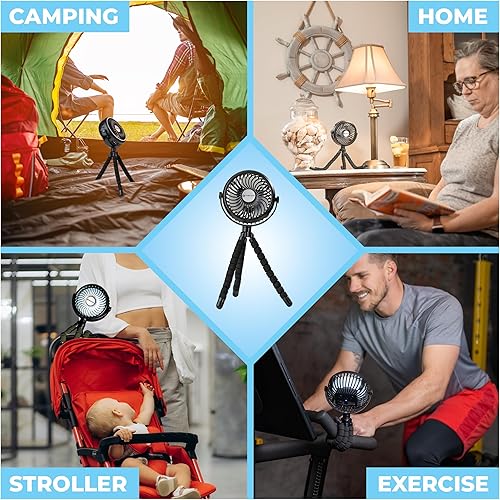 Miniatura 4 de Comfort Zone Ventilador portátil para cochecito – Ventilador de clip con batería recargable con trípode flexible de 360° y luz LED – Enfriamiento de