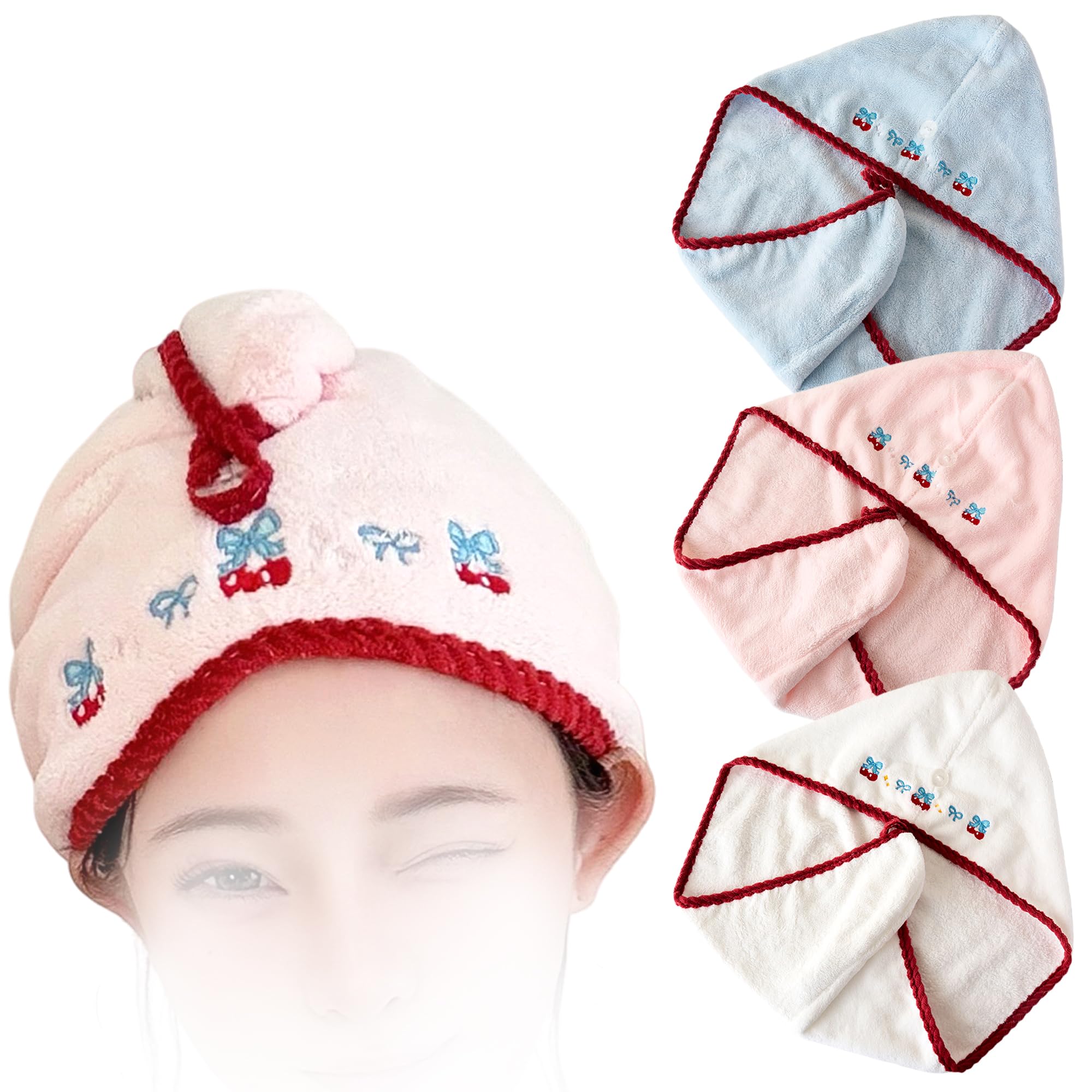UINSUE 3-Pack Cute Cherry Hair Drying Towels for Women Soft Absorbent Quick Dry Coral Fleece Turban Bath Wrap for Shower Spa Travel (3 Colors - Hair Towel)