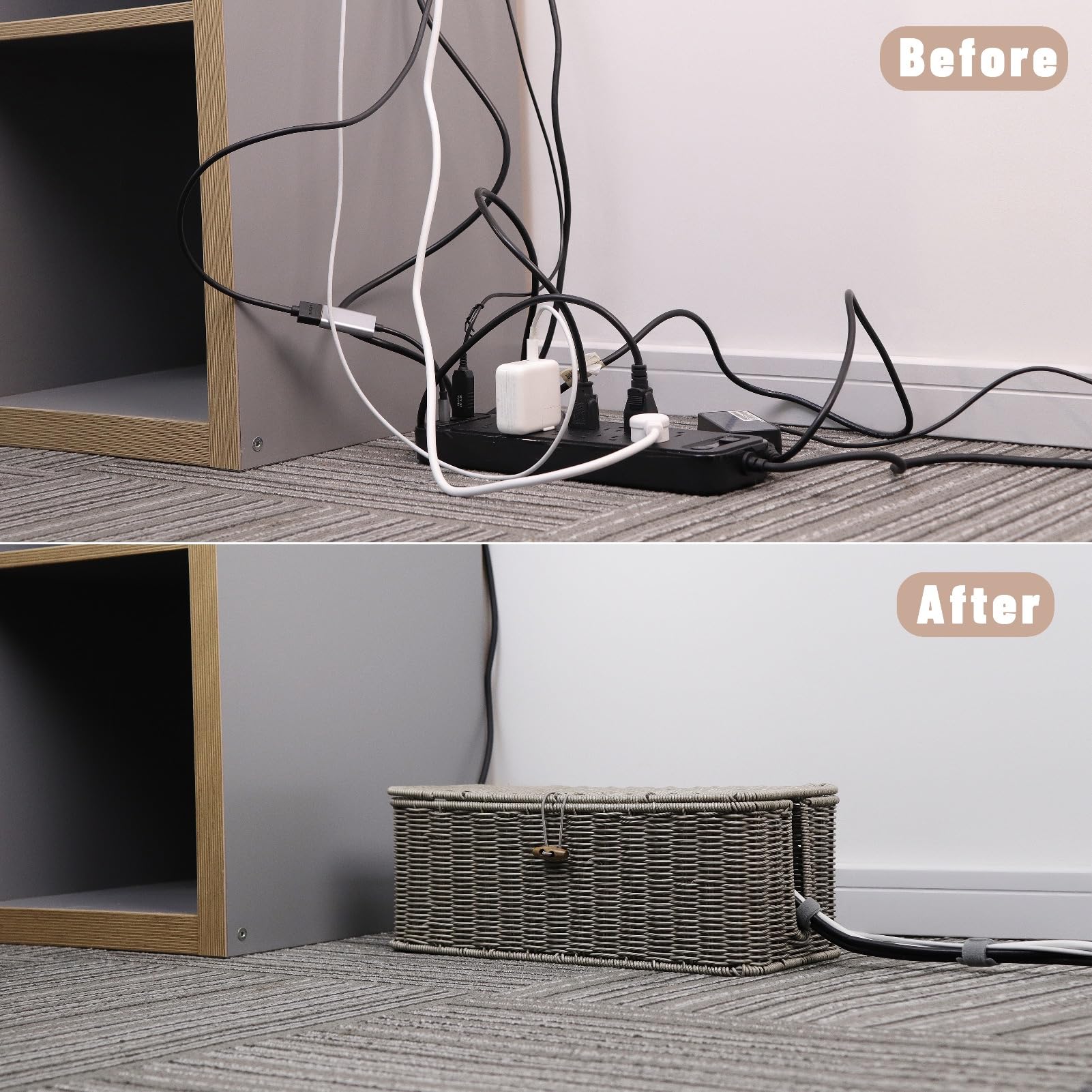 Kabelmanagementbox, Kabel-Organizer mit Deckel und Kabelbindern, graues Set