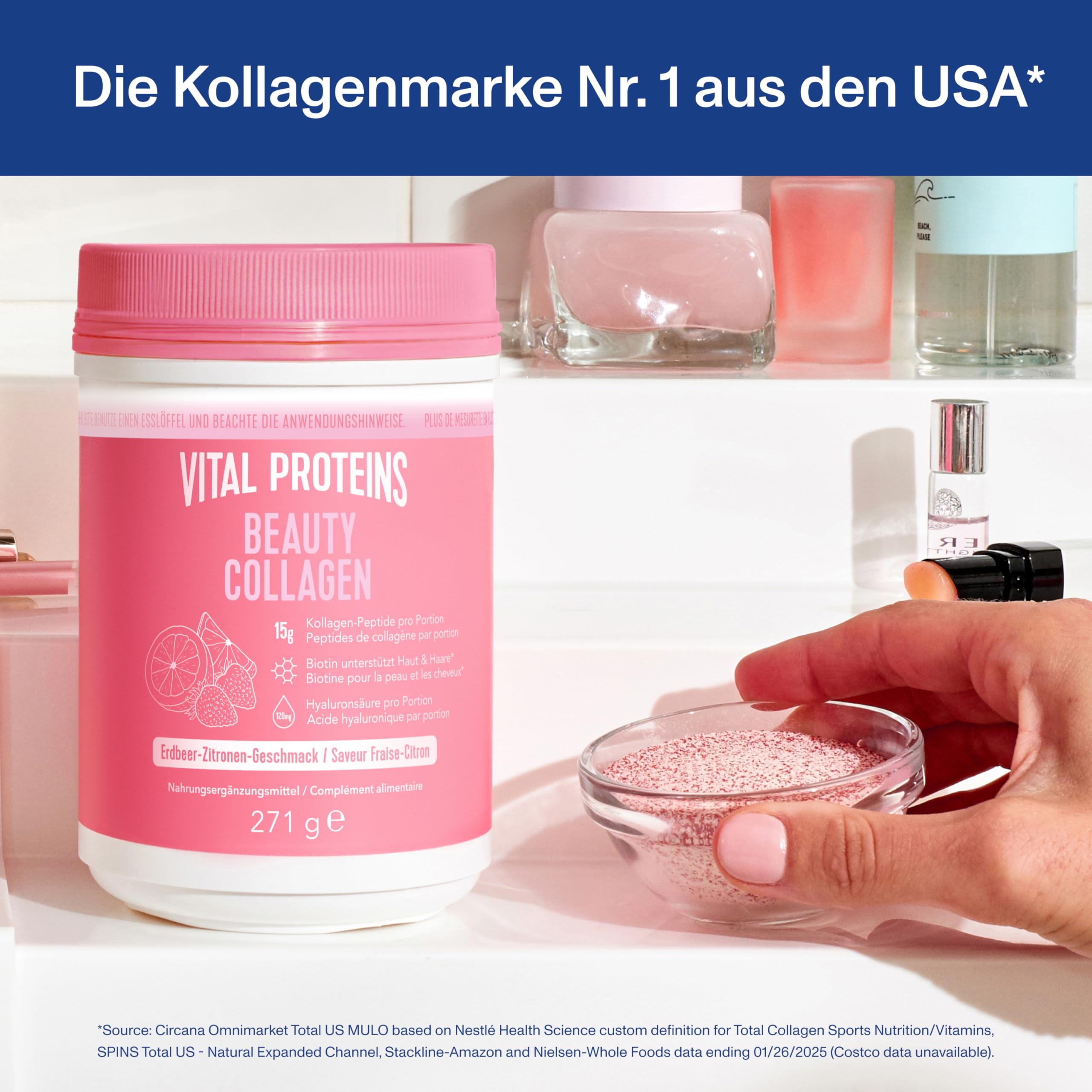 Vital Proteins Beauty Collagen, Kollagen, Biotin, Erdbeer-Zitronen, 271g | Kollagen-Peptide, optimale Löslichkeit, hydrolysiertes Kollagen Typ 1 & 3