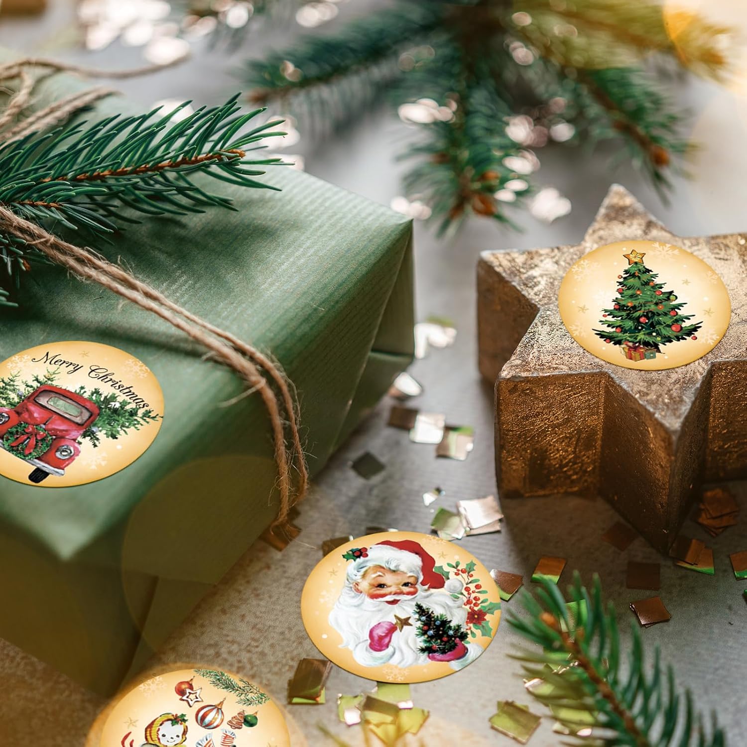 Whaline 1000Pcs Vintage Christmas Stickers Roll Retro Santa Snowman Tree Seal Stickers Xmas Watercolor Self-Adhesive Decals for Winter Party Envelope Journal Decor, 8 Designs
