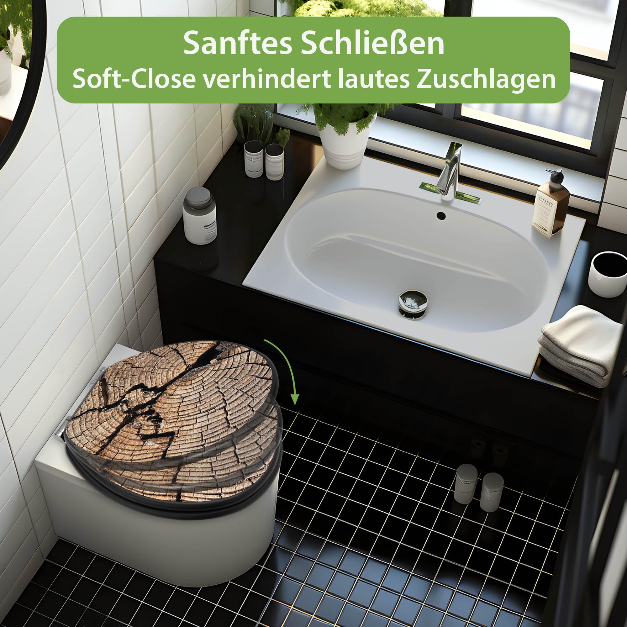 banjado WC Sitz Holzoptik - mit Absenkautomatik Softclose - 38 x 46,5cm O-Form - MDF Holz Toilettendeckel anthrazit - Klositz grau pflegeleicht für Badkomfort Motiv Zeichen Der Zeit