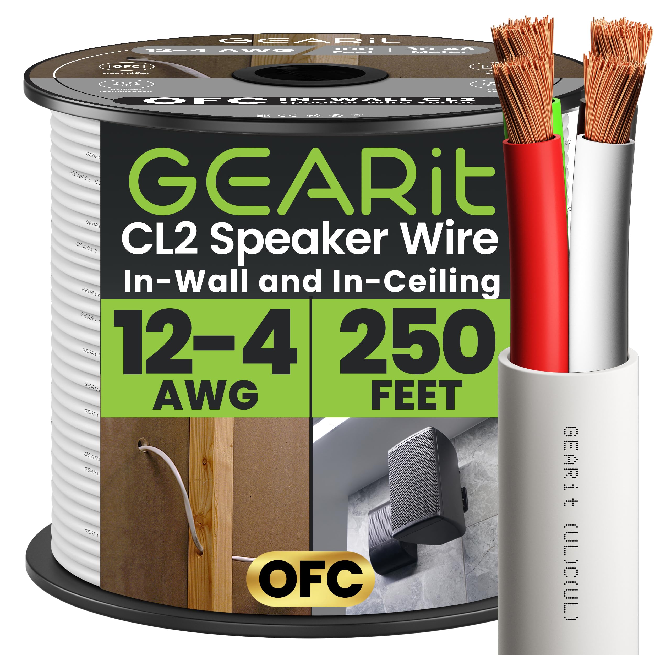 GEARit 12 Gauge OFC Speaker Wire 250 FT, UL CL2 Rated Speaker Cable, 12 AWG Wire with Polarity Mark, 4-Conductor Copper Audio Cable for in-Wall Home