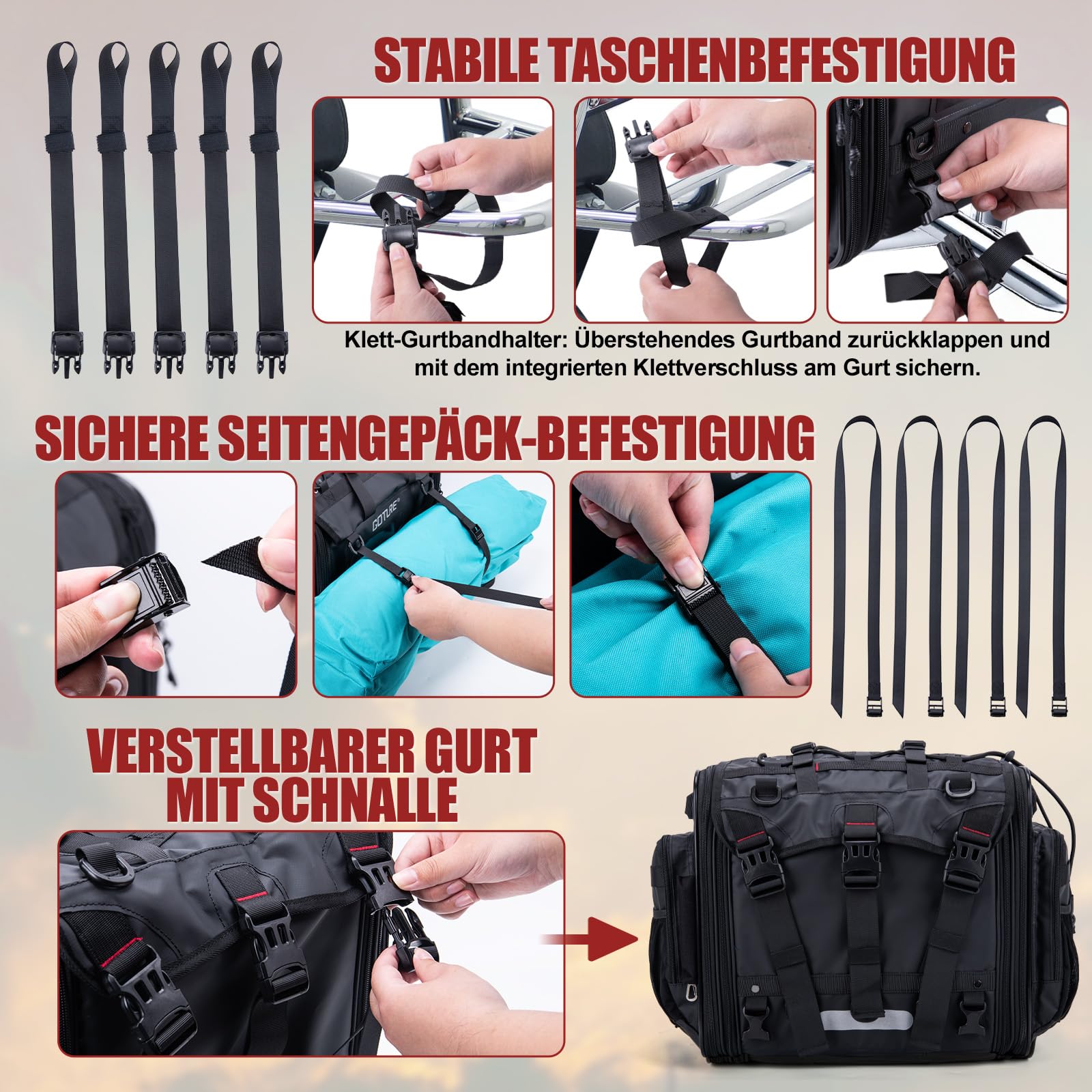 Goture Motorrad Hecktasche 50-70L Erweiterbar Wasserdicht 1000D Cordura | Formstabile Motorradtasche mit rutschfestem Boden für Touring, Reise & Camping - robust, langlebig & einfach zu montieren