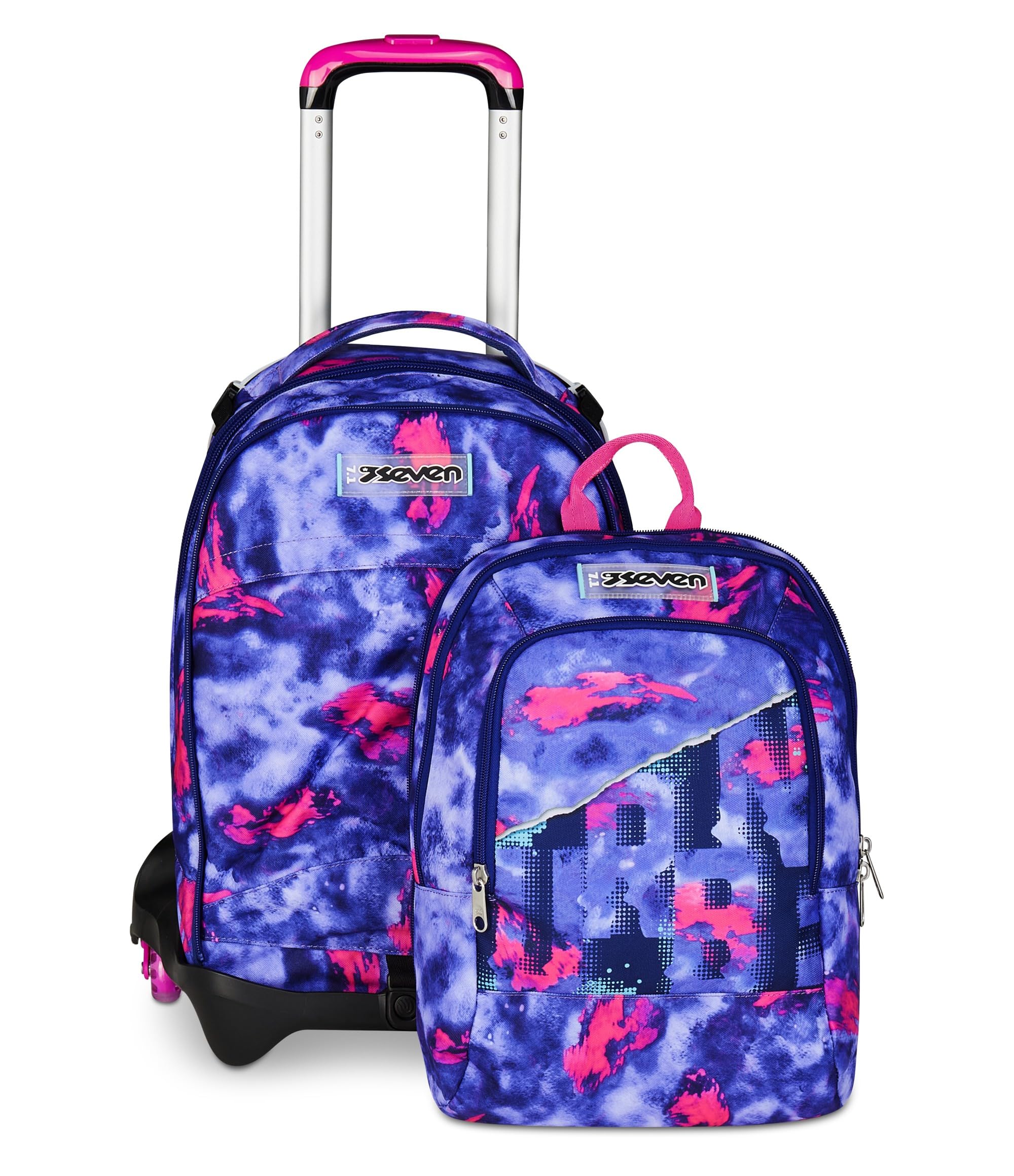 Seven Trolley Scuola Jack 3 Ruote Detach SHADY DYE GIRL, Viola, Zaino Con Carrello Sganciabile Da 37 Litri, Tasca Borraccia, Zainetto Staccabile, Multiuso e Spazioso, Per Elementari e Media, Bambina