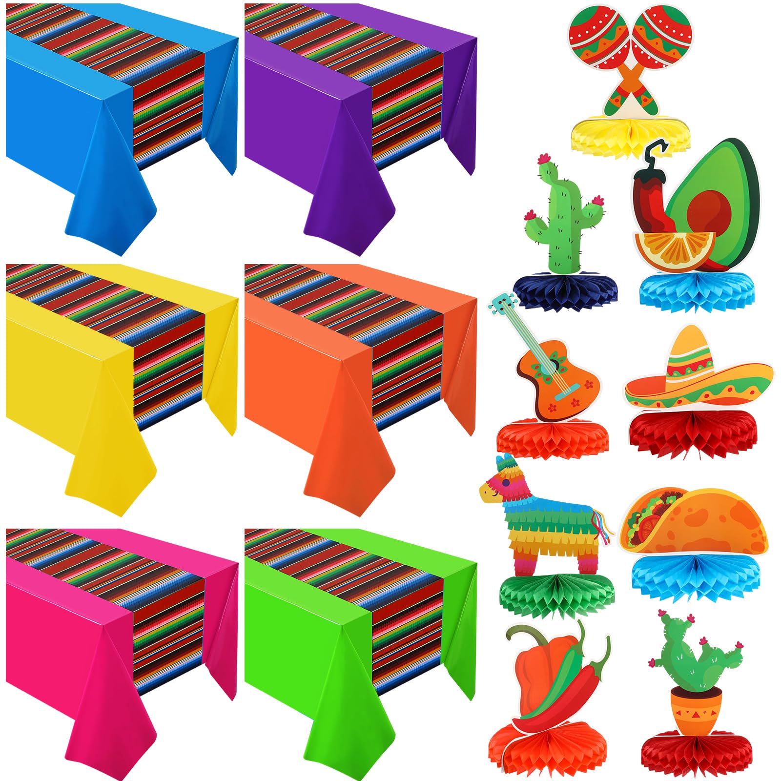 Preboun 15Pcs Mexican Fiesta Decorations 54 x 108'' Mexican Themed Party Tablecloth Honeycomb Centerpiece for Cinco De Mayo Fiesta Decorations