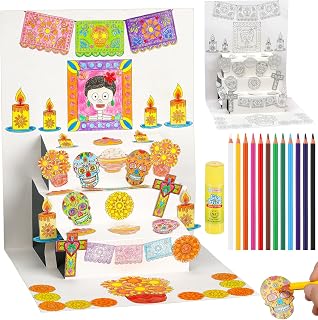 14 Pcs Paint Your Own Day of The Dead Ofrenda Craft Set Color Your Own Dia De Los Muertos Altar Kit with 12 Colors of Pencil and Glue Stick for Halloween Party Favor Mexican School Classroom Activity