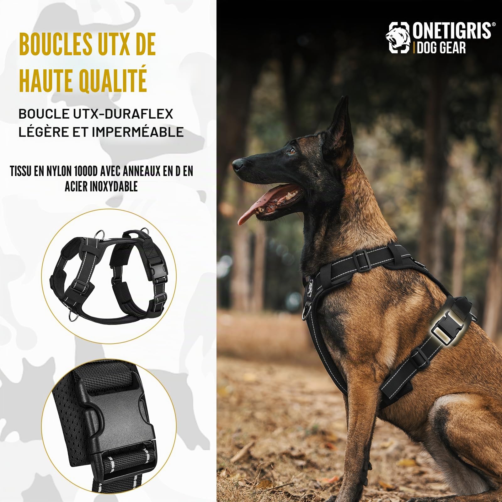 OneTigris Harnais tactique réglable Diesel - Harnais tactique doux et rembourré pour chiens de taille moyenne et grande taille - Avec réfléchissant, 1 poignée, 3 anneaux en D (noir, taille M)