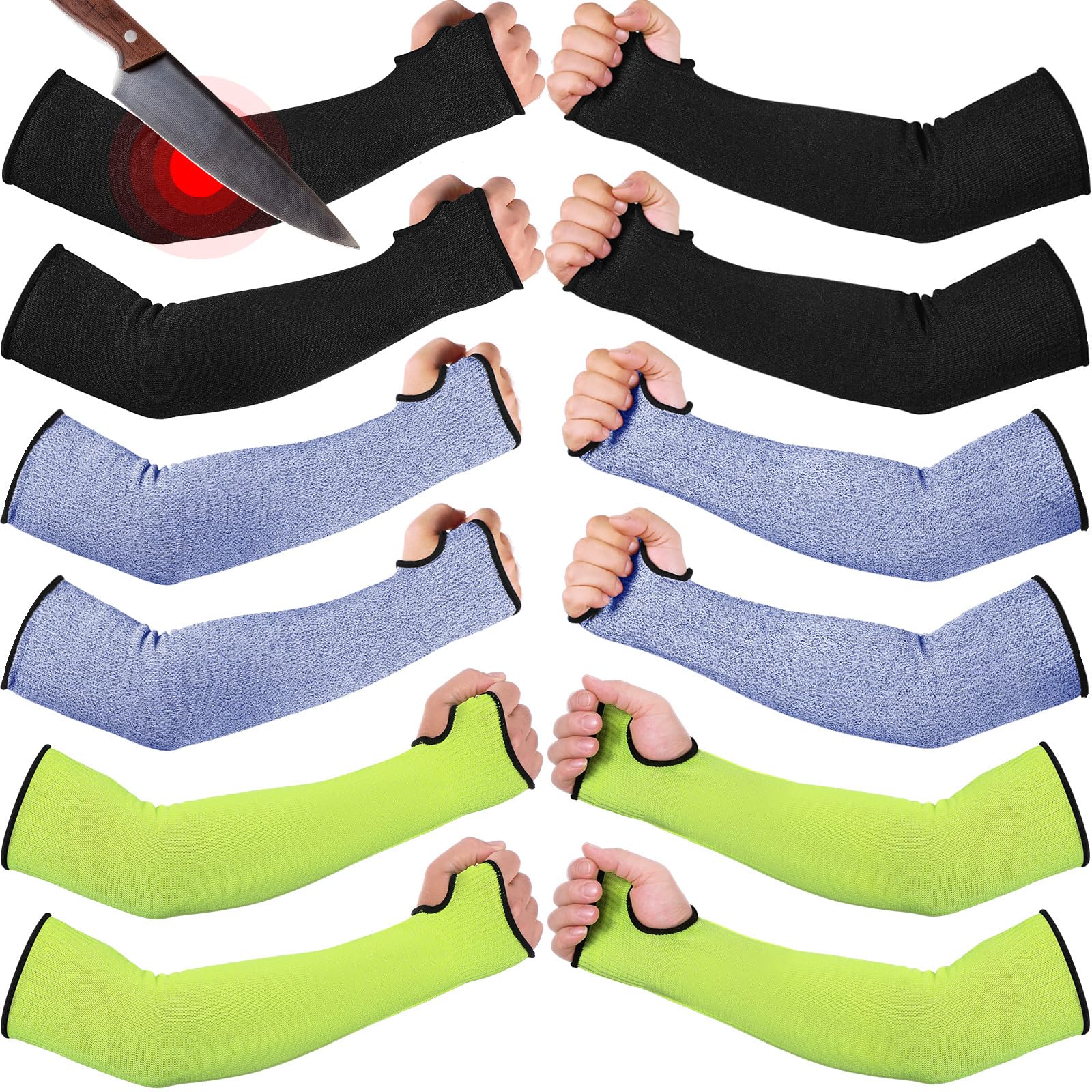 JaGely 6 Pairs Level 5 Cut Resistant Sleeves with Thumb Hole 18 Inches Arm Protection Sleeve Farmer Gardening (Black,Blue,Green)