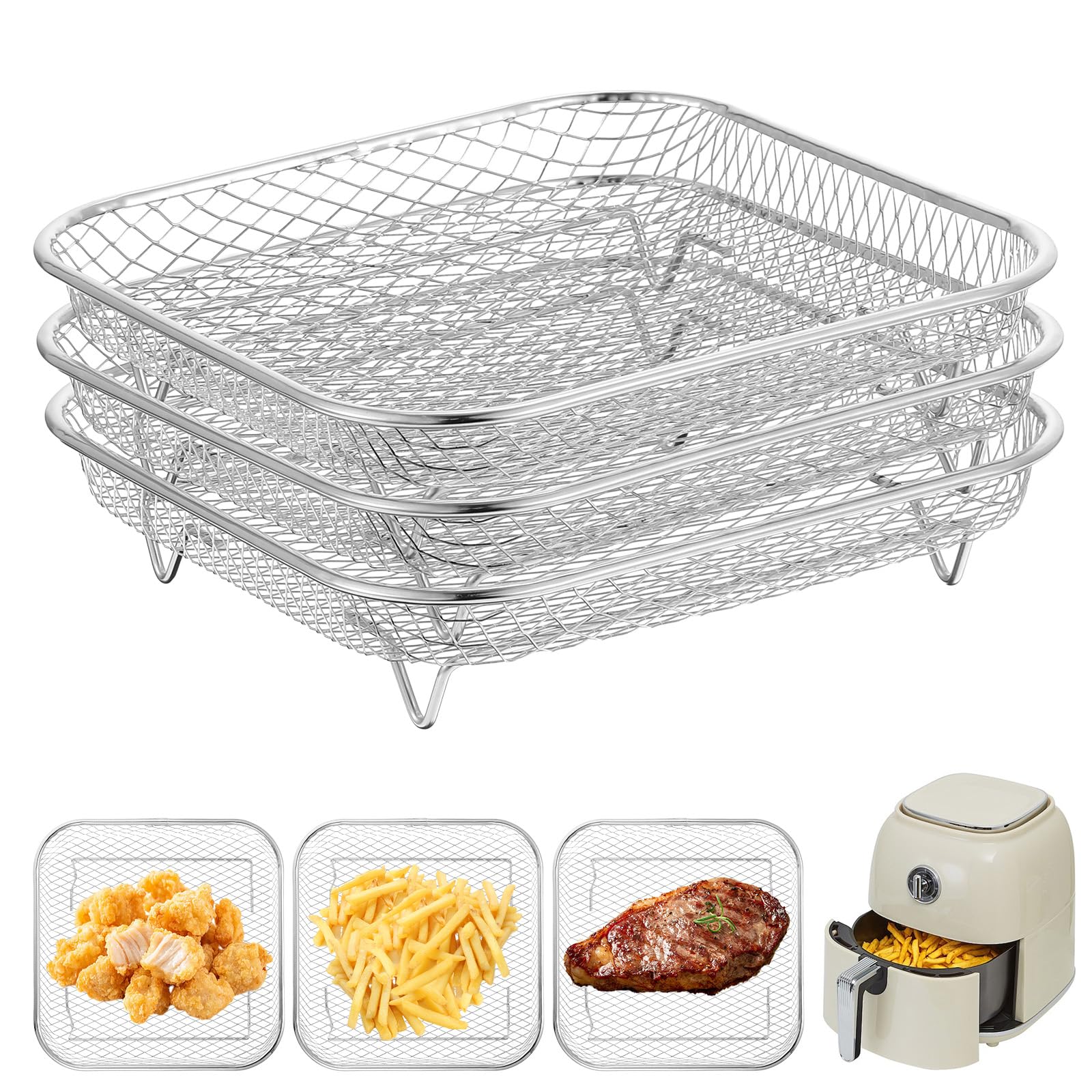 Afcabakila 8 Inch Square Air Fryer Basket,3 Pcs Stackable 304 Stainless Steel Basket Dehydrator 3-tier Rectangle Air Fryer Rack Square Instant Pots Vortex Grilling Accessories,inner size>8.5inch