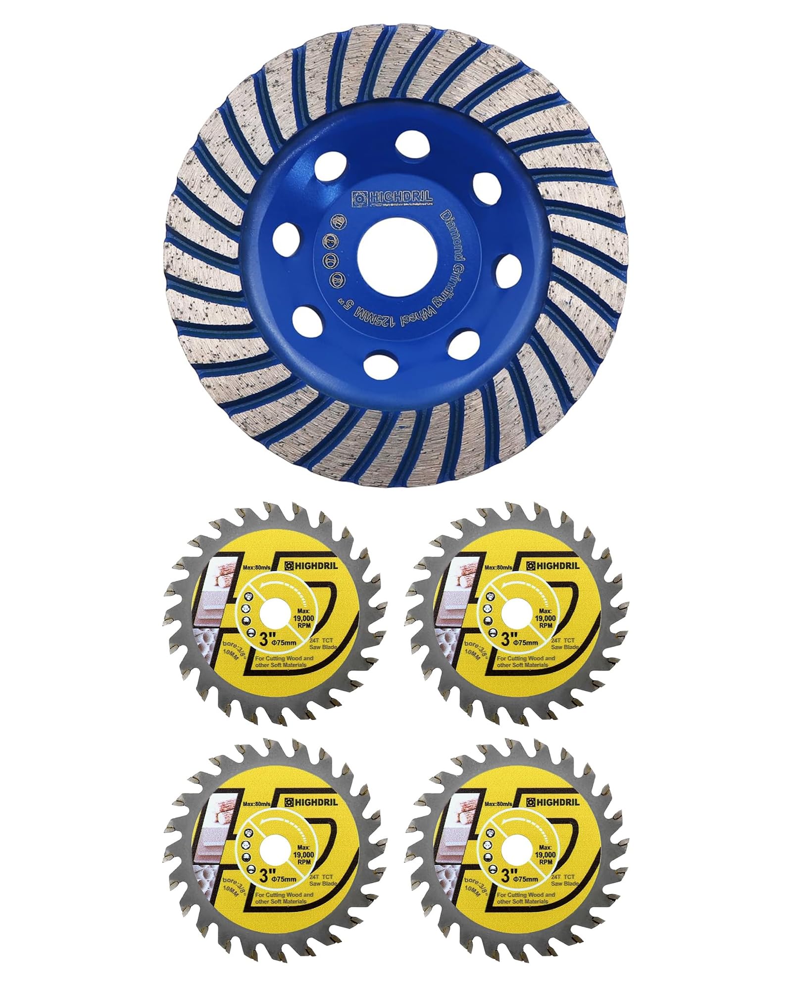HIGHDRIL Disque Diamant Meuleuse 125mm et HIGHDRIL TCT Disque pour Bois 75mm x Alésage 10mm