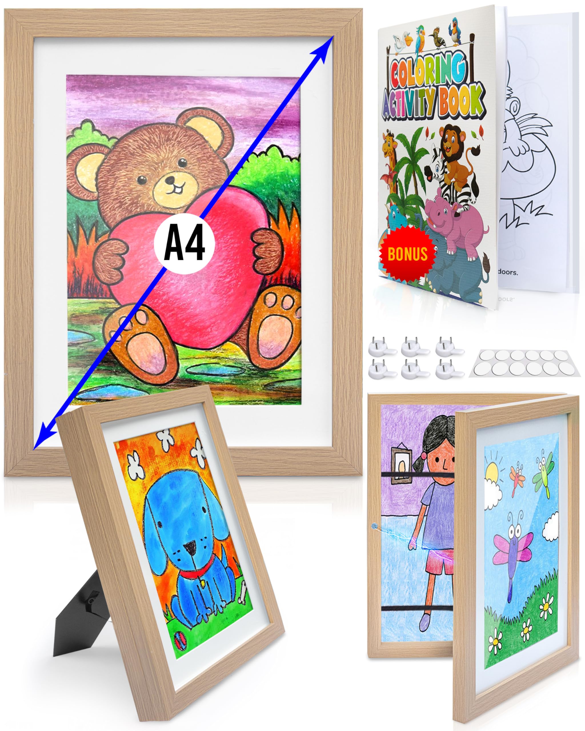 KidGallery Marcos Dibujos Infantiles A4 – 2 Cuadros para Dibujos Niños – Incluye Libro para Colorear – Almacenamiento Fácil y Organizado – Regalo Creativo para una Decoración Personalizada y Práctica